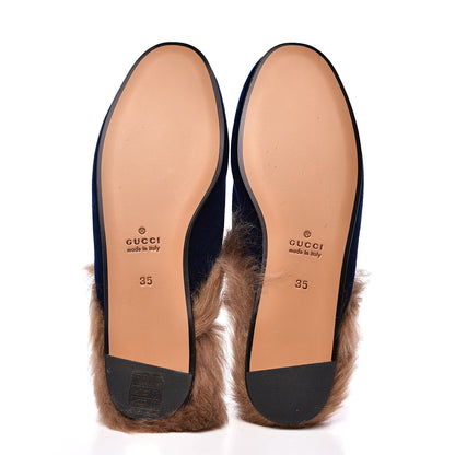 Gucci Velvet Fur Womens Princetown Slippers 35 Cobalt Blue 5 of 8