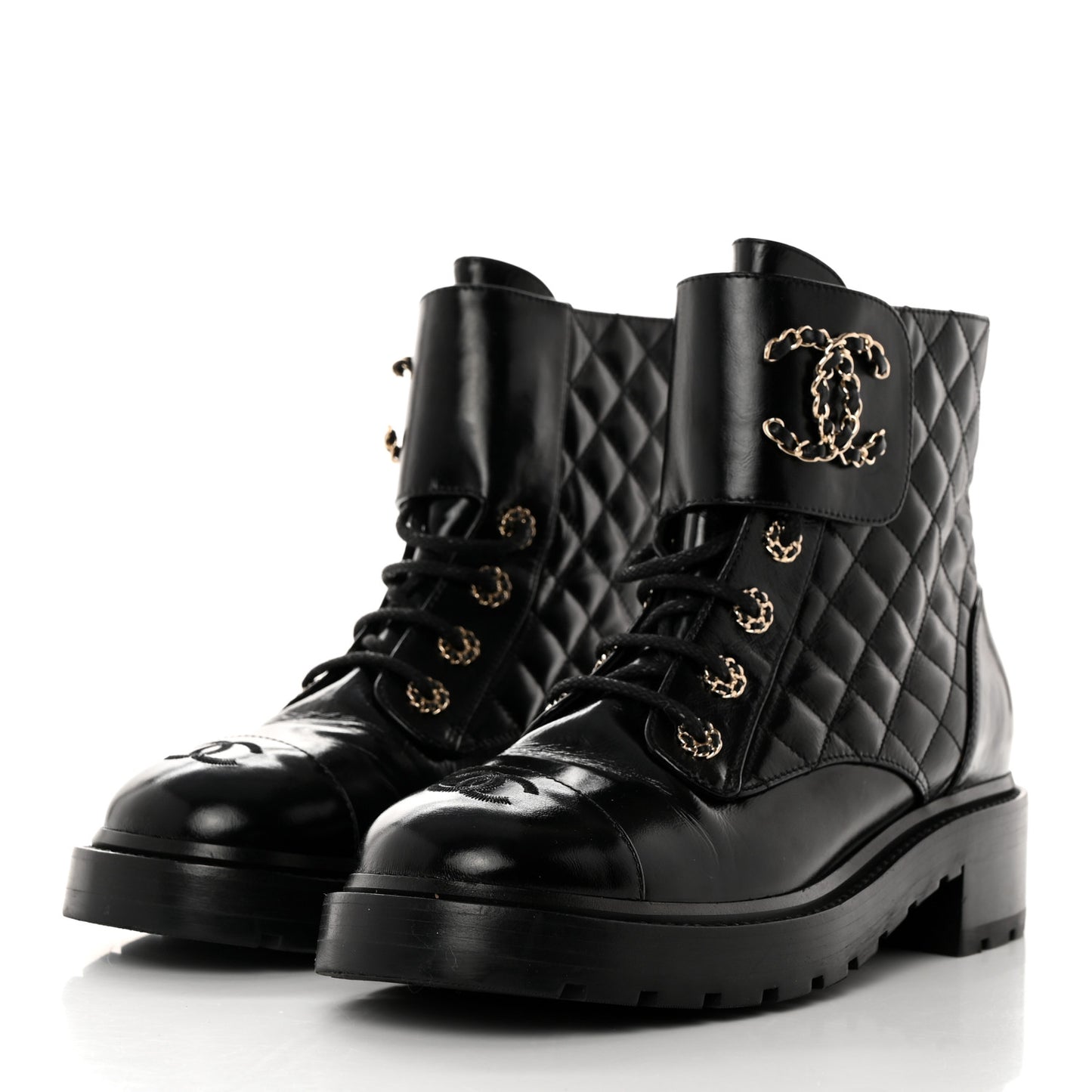 Shiny Calfskin Quilted Lace Up Combat Boots 41 Black