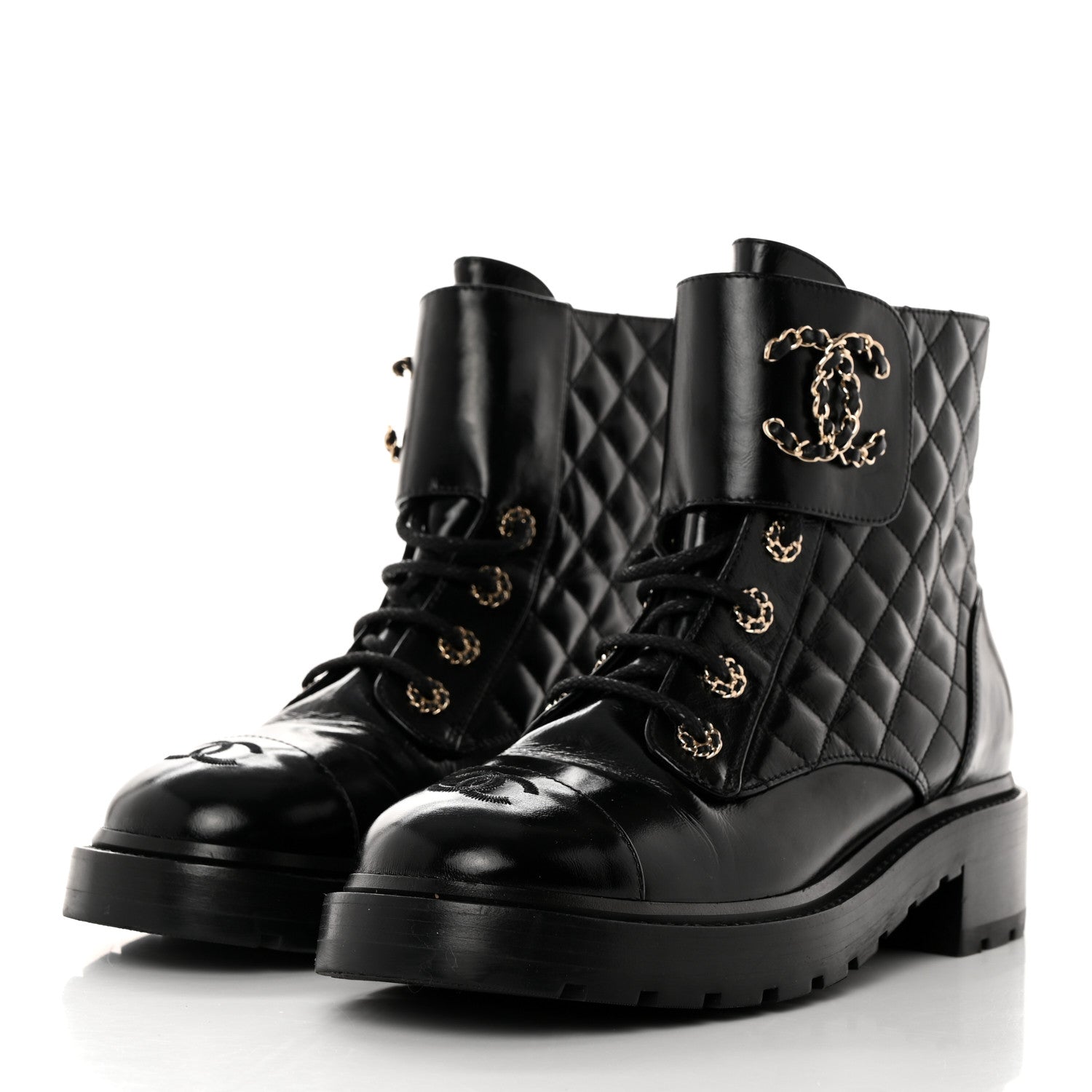 Chanel Shiny Calfskin Quilted Lace Up Combat Boots 41 Black 3 of 10
