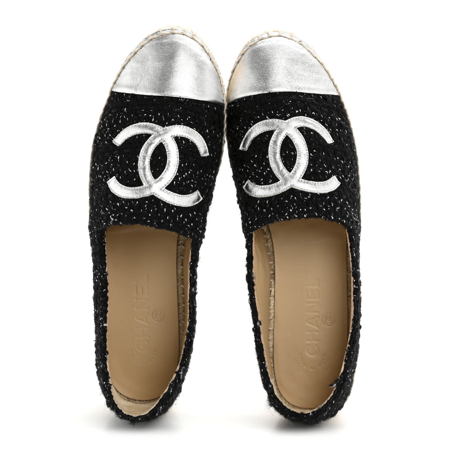 Chanel Metallic Lambskin Tweed CC Espadrilles 41 Black Silver