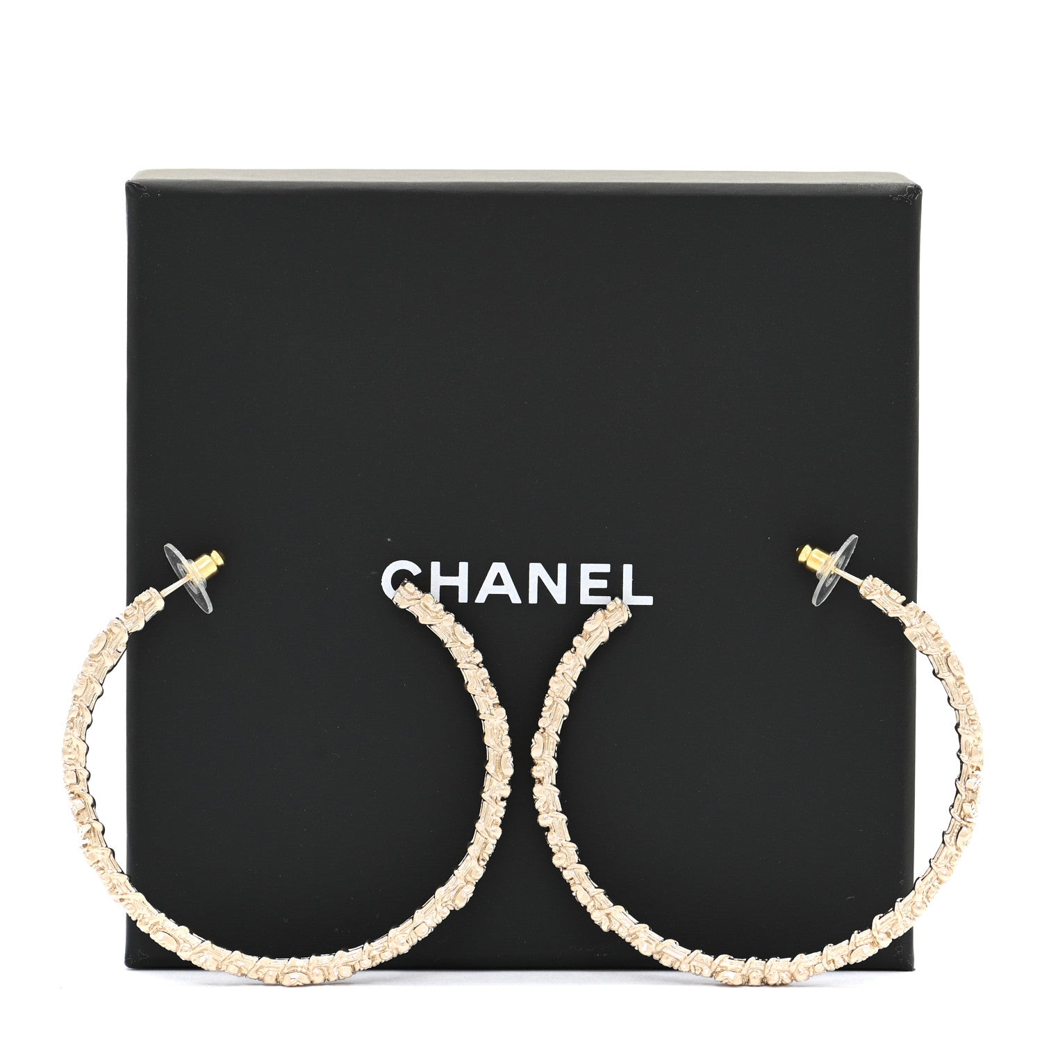Chanel Crystal Large Camellia CC Hoop Earrings Gold 5 of 5