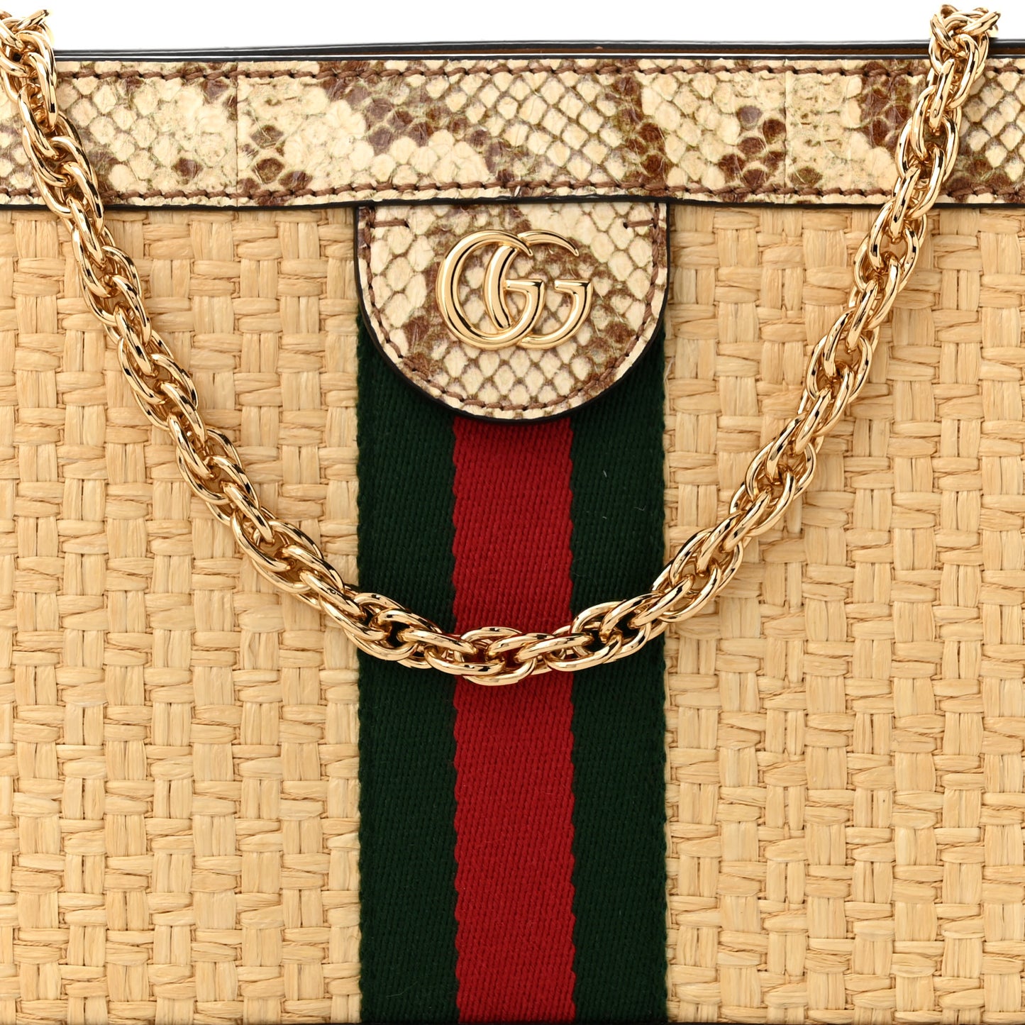 Raffia Elaphe GG Small Ophidia Chain Shoulder Bag Natural Cream Brown