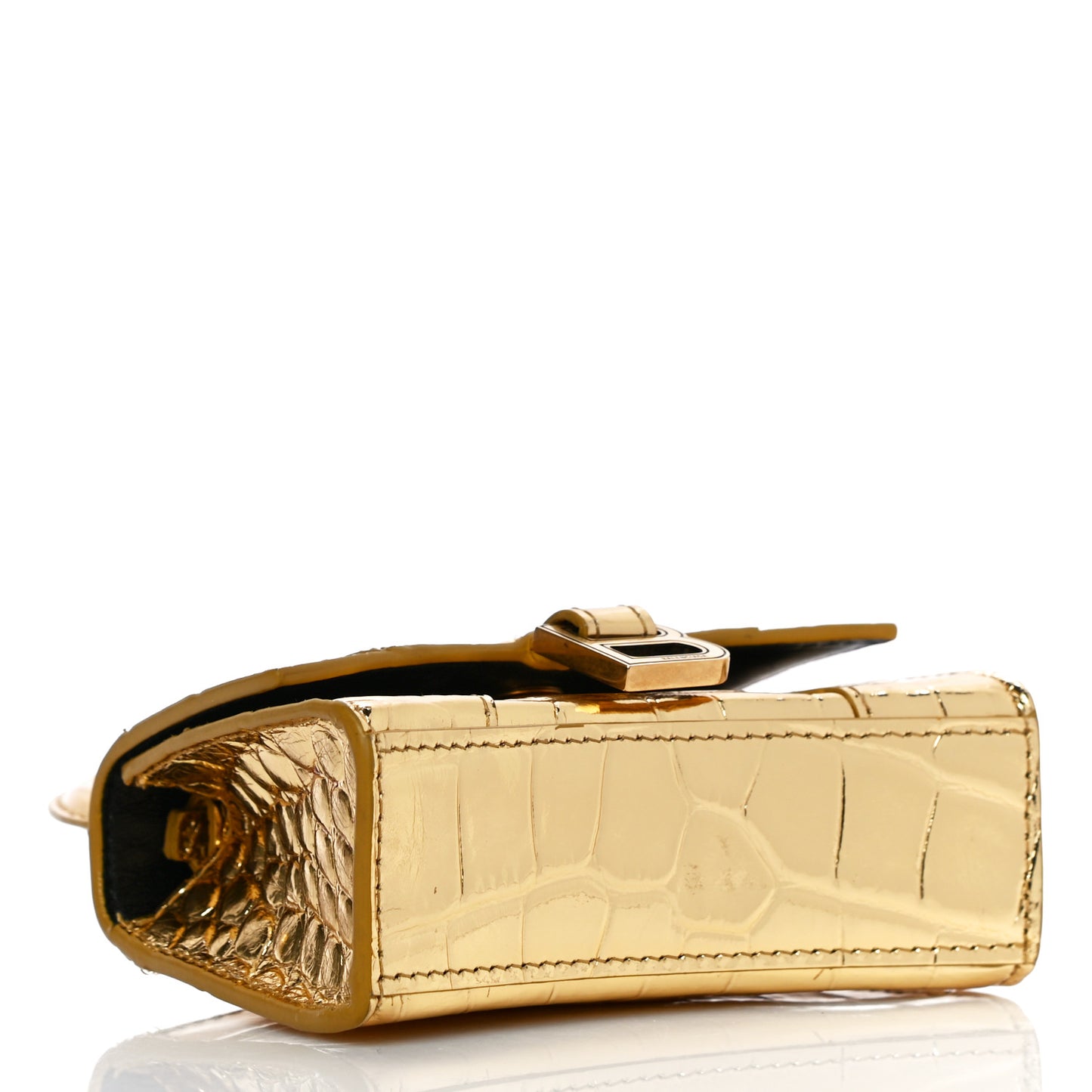 Metallic Calfskin Crocodile Embossed Hourglass Top Handle Bag Mini Gold