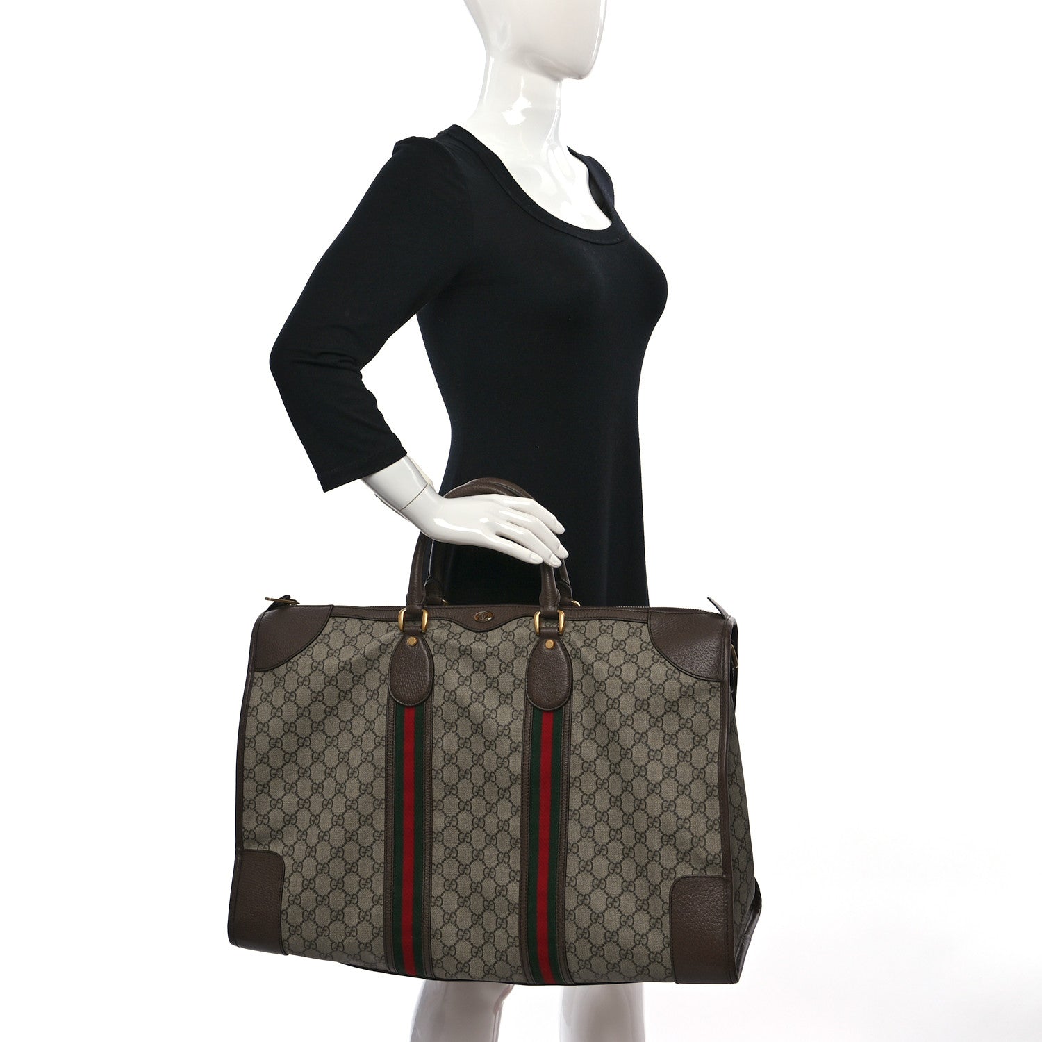 Gucci Soft GG Supreme Monogram Textured Dollar Calfskin Web Large Ophidia Carry-On Duffle Bag Beige Ebony New Acero 2 of 12
