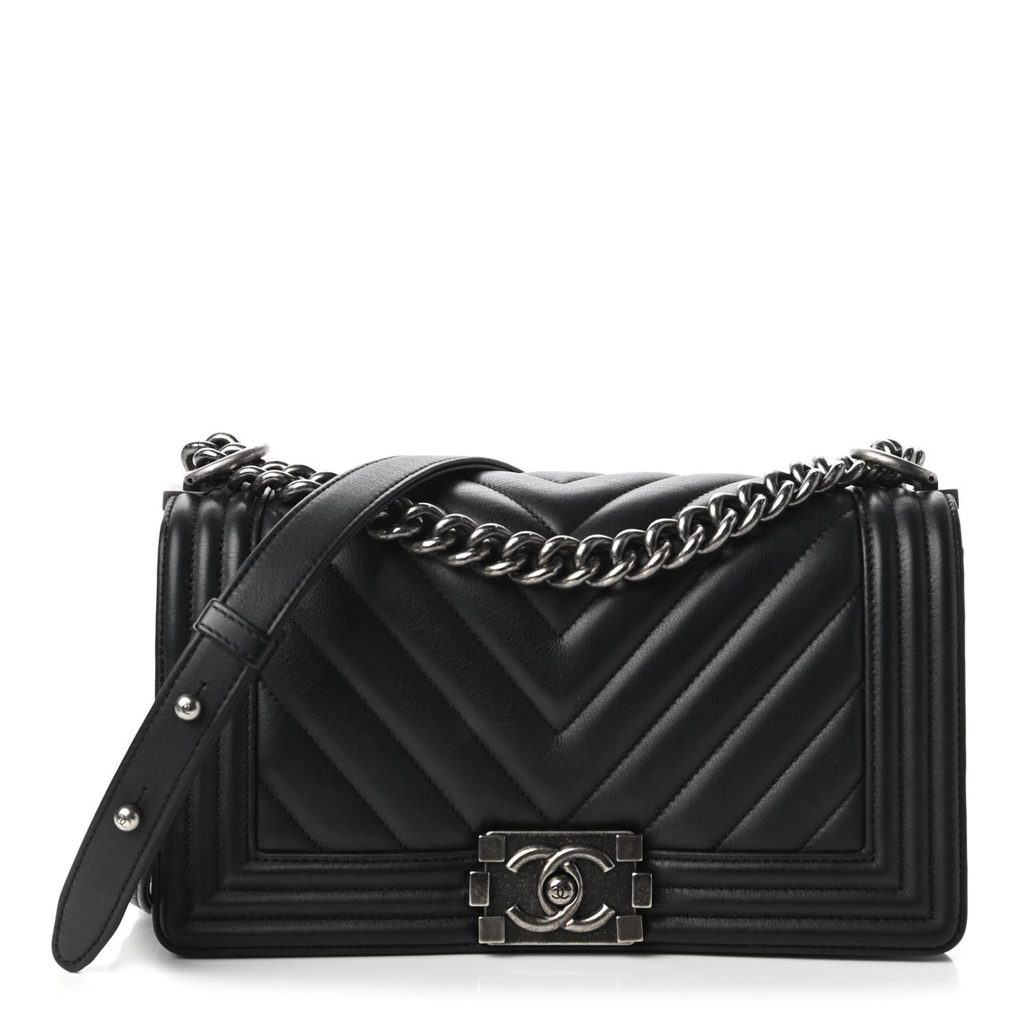 Calfskin Chevron Quilted Medium Boy Flap Black