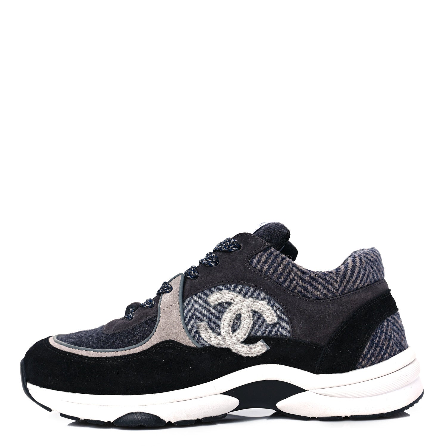 Chanel Fabric Suede Calfskin CC Sneakers 39 Black Grey Dark Grey 1 of 6