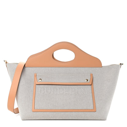 Burberry Cotton Canvas Calfskin Medium Soft Pocket Tote Bag Soft Fawn Warm Sand 1 of 8