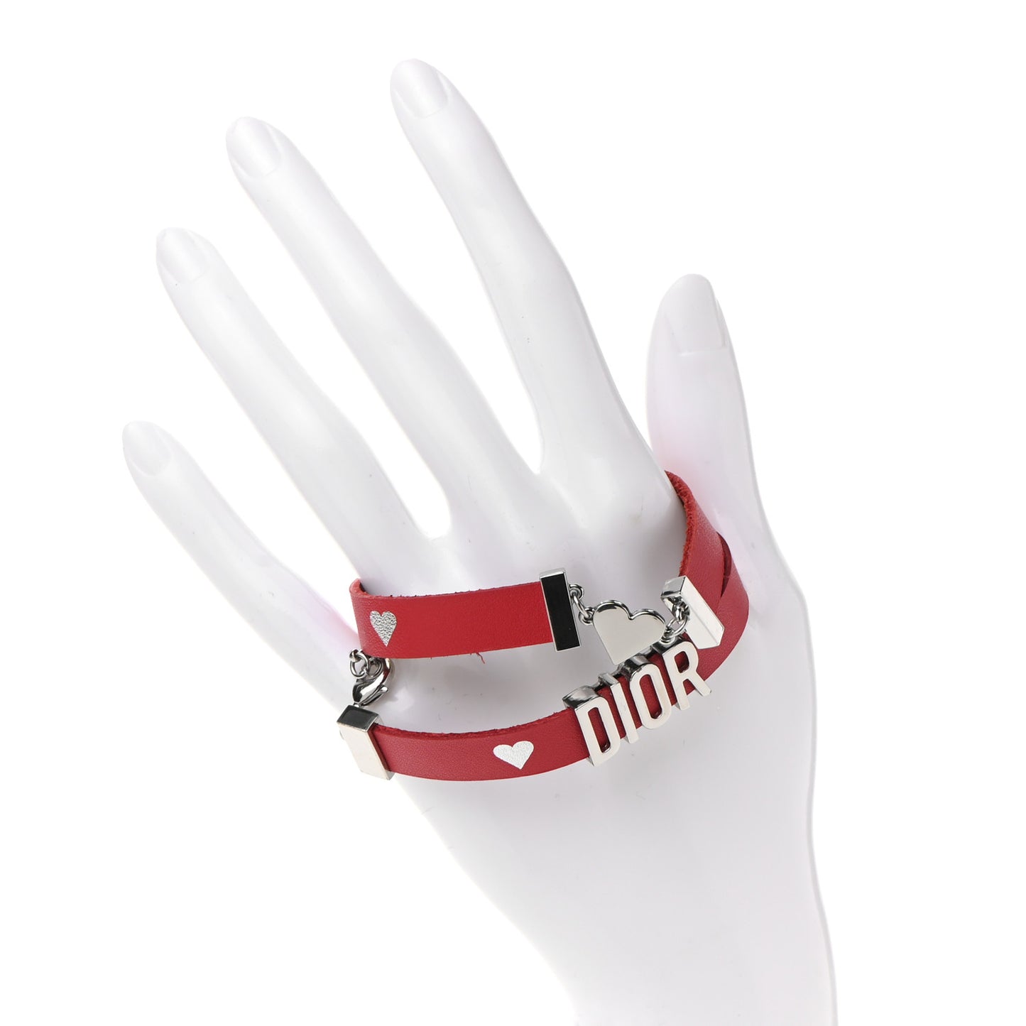 Calfskin Dior Heart Double Bracelet Red