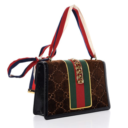 Gucci Velvet GG Monogram Web Small Sylvie Shoulder Bag Brown Black Oro Vecchio 5 of 10