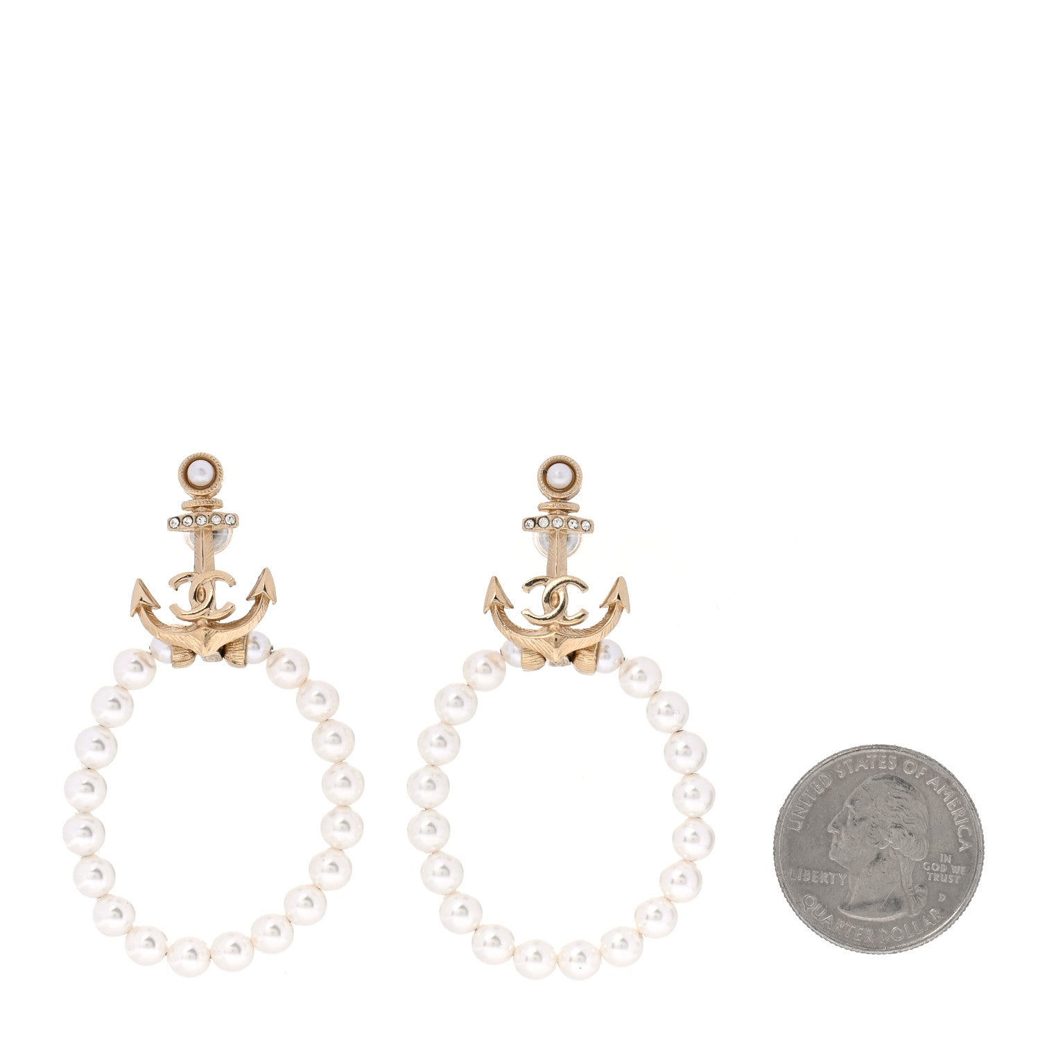 Chanel Pearl Crystal Chanel Anchor CC Hoop Earrings Gold 2 of 4