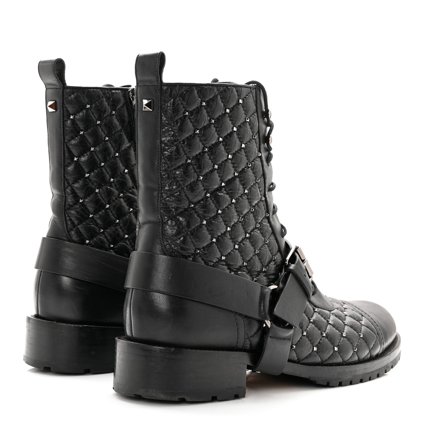Crackled Lambskin Rockstud Spike 20mm Combat Boots 40 Black