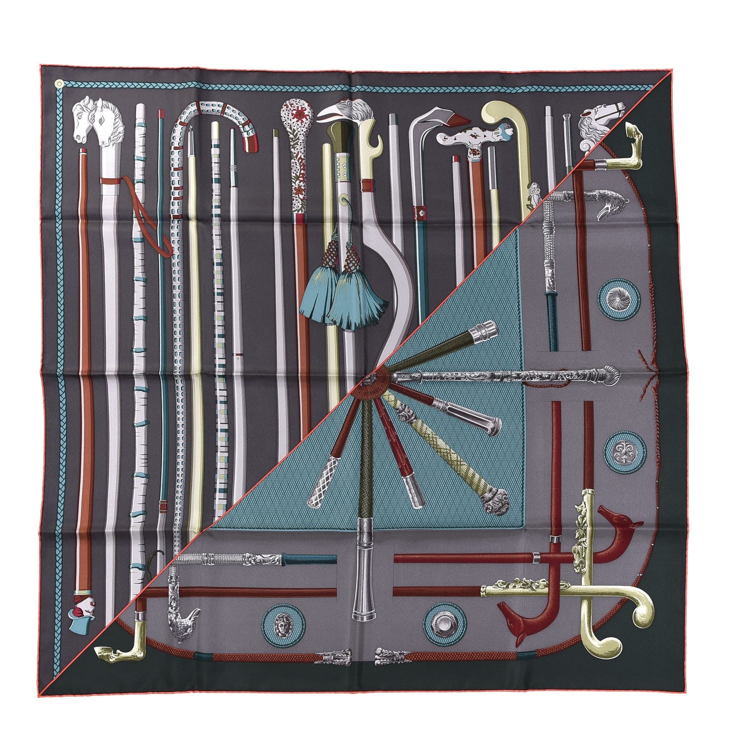 Hermes Silk Cannes Et Cannes Scarf 90 Anthracite Vert Quetsche 1 of 5
