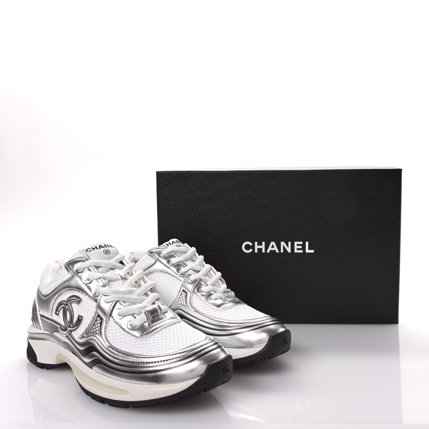 Chanel Fabric Laminated Calfskin Stretch CC Sneakers 39 White Silver 9 of 9