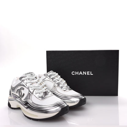 Chanel Fabric Laminated Calfskin Stretch CC Sneakers 39 White Silver 9 of 9
