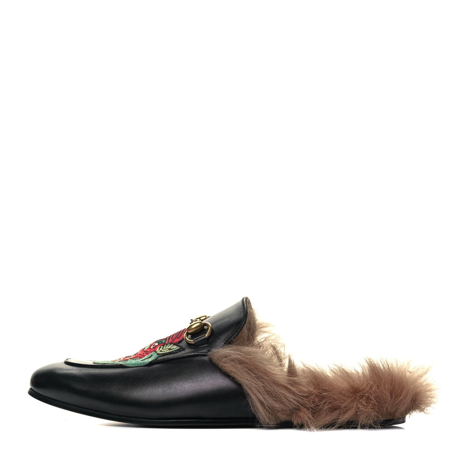 Calfskin Fur Dragon UFO Embroidered Mens Princetown Slippers 8 Black