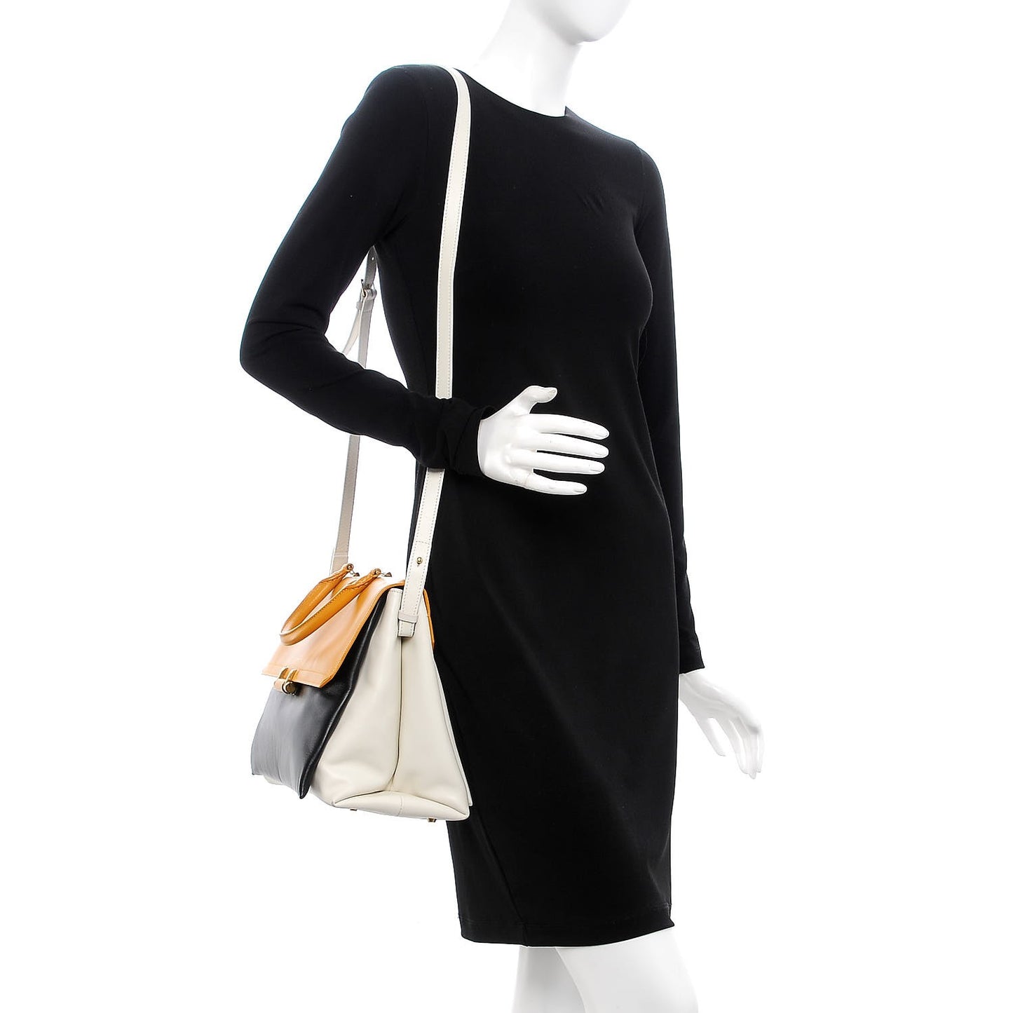 Smooth Calfskin Colorblock Top Handle Shoulder Bag Black