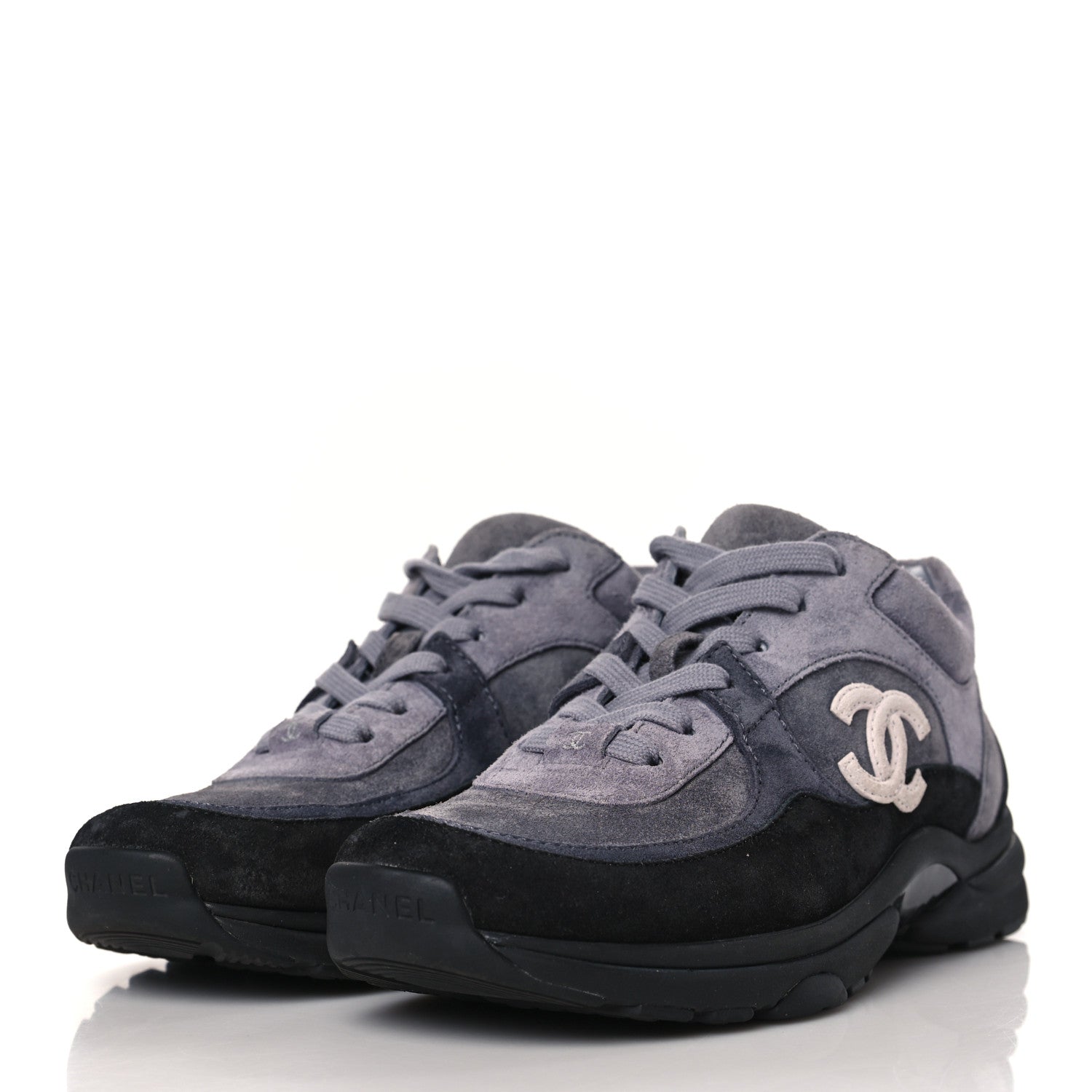 Chanel Suede Calfskin CC Sneakers 36.5 Black Grey 3 of 7