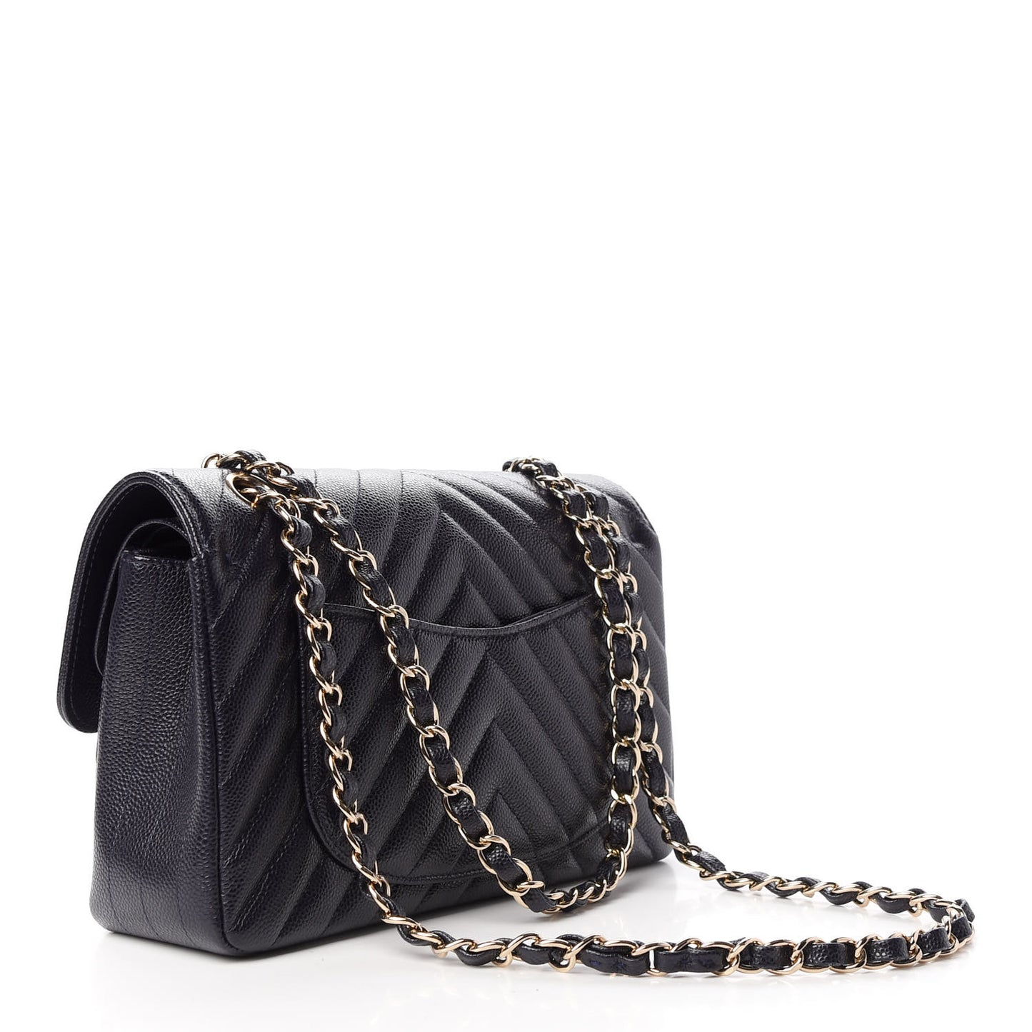 Caviar Chevron Quilted Small Double Flap Navy Blue