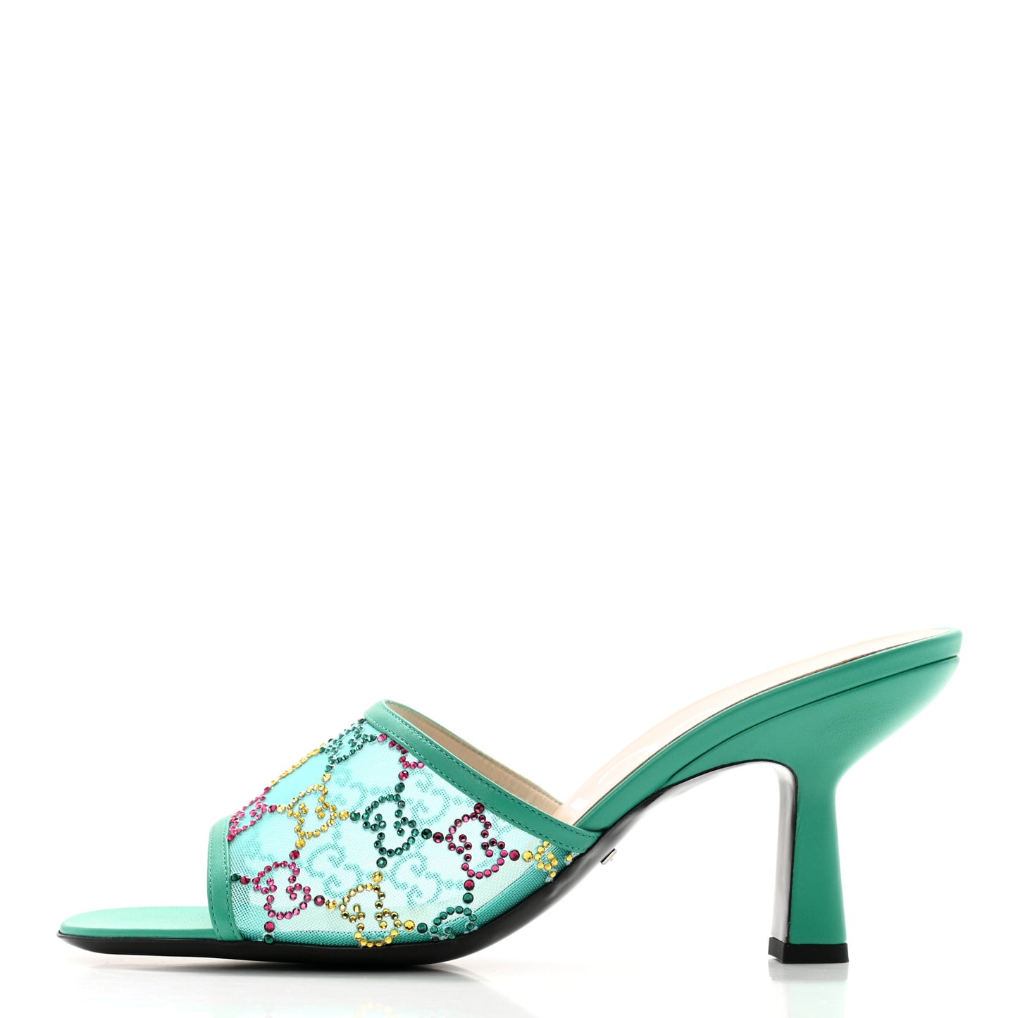 Tela Retino Nappa Crystal GG Monogram Square G 95mm Slide Sandals 40 Turquoise