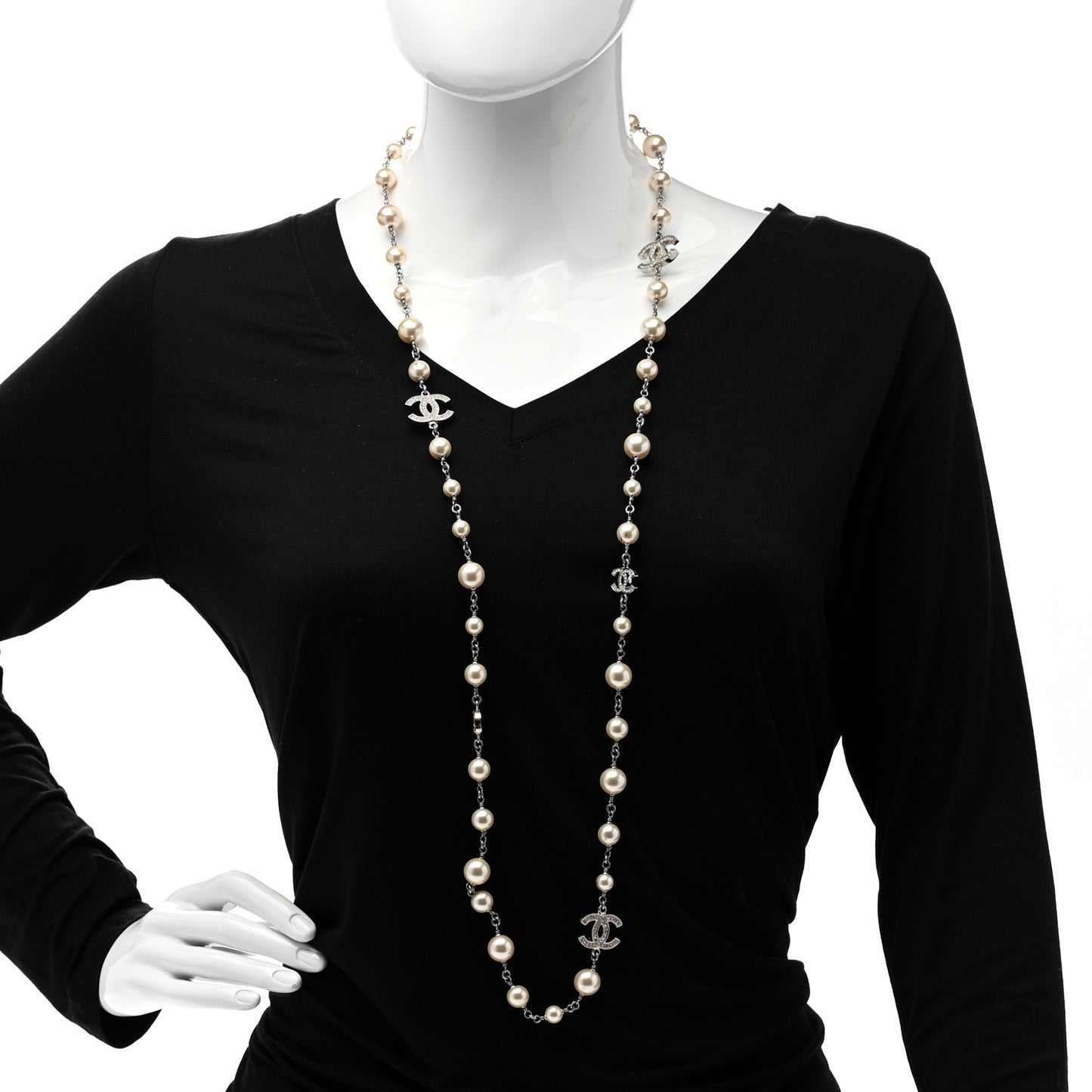 Graduated Pearl Crystal CC Long Necklace Silver