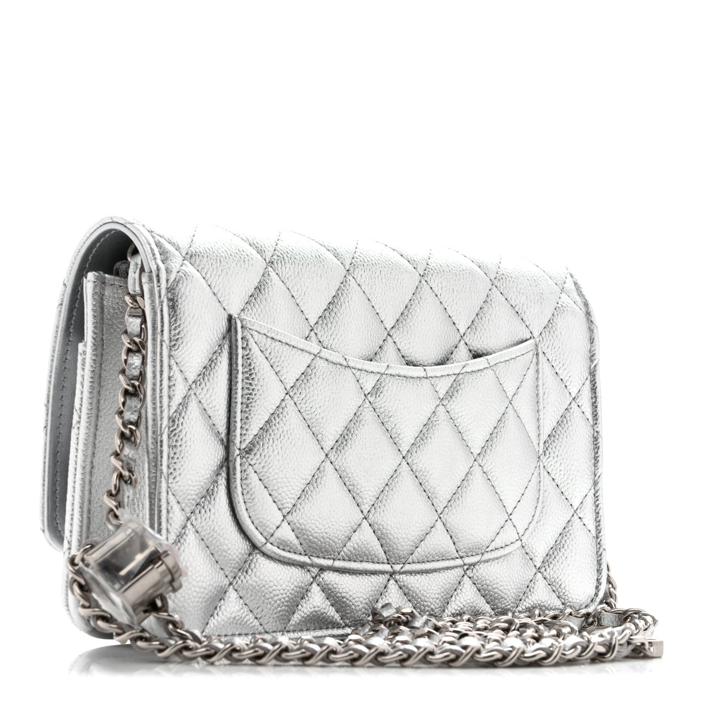 Metallic Caviar Quilted Wallet On Chain WOC Silver