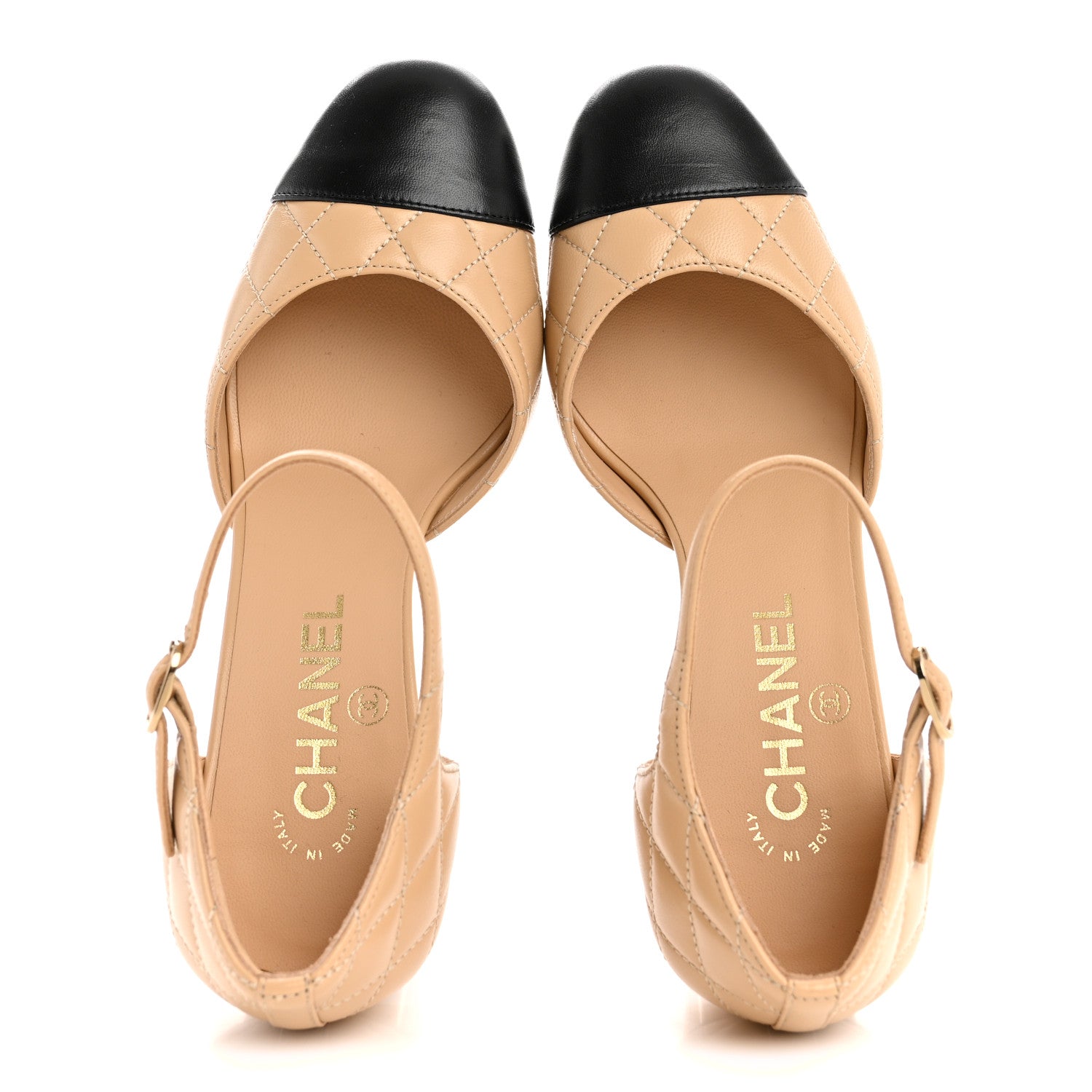 Chanel Lambskin Quilted Cap Toe Mary Jane Pumps 36 Beige Black