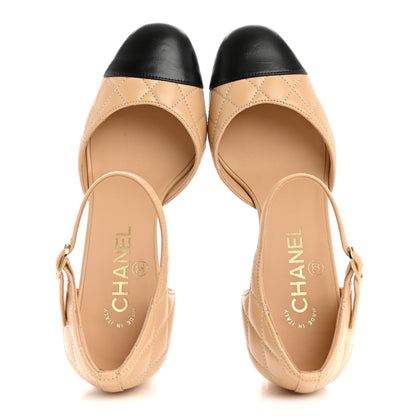 Chanel Lambskin Quilted Cap Toe Mary Jane Pumps 36 Beige Black 2 of 14