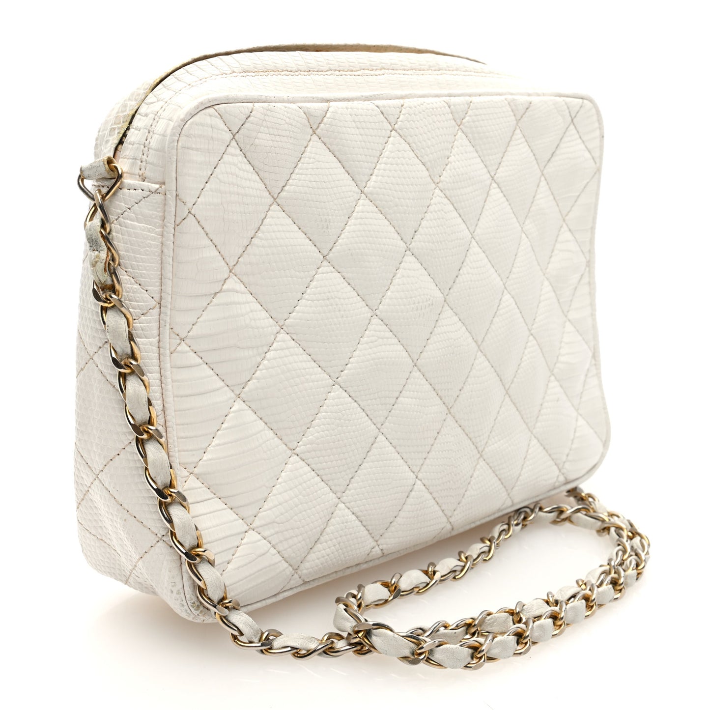 Lizard Quilted Small Tassel Camera Case White