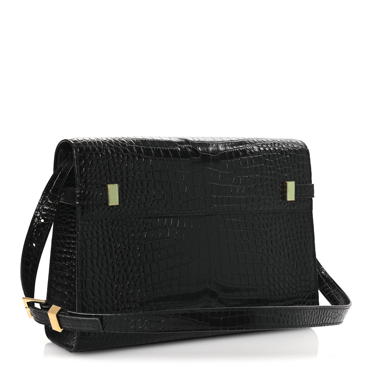 Saint Laurent Shiny Calfskin Crocodile Embossed Manhattan Baguette Black 3 of 12