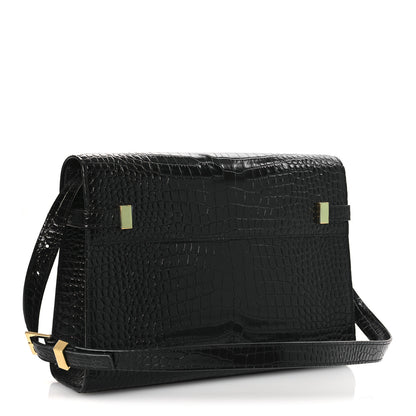 Saint Laurent Shiny Calfskin Crocodile Embossed Manhattan Baguette Black 3 of 12