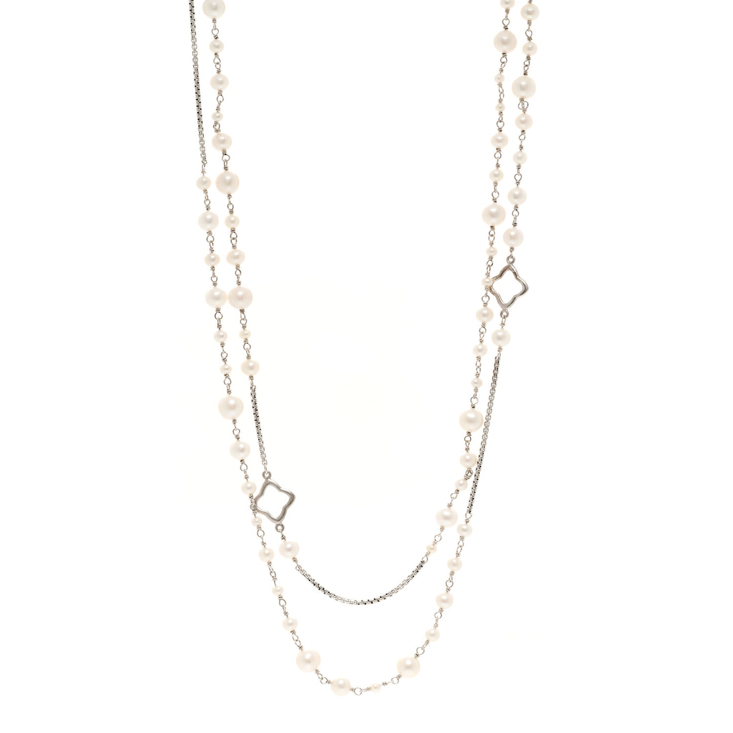 Sterling Silver Cultured Pearl Quatrefoil Long Chain Necklace