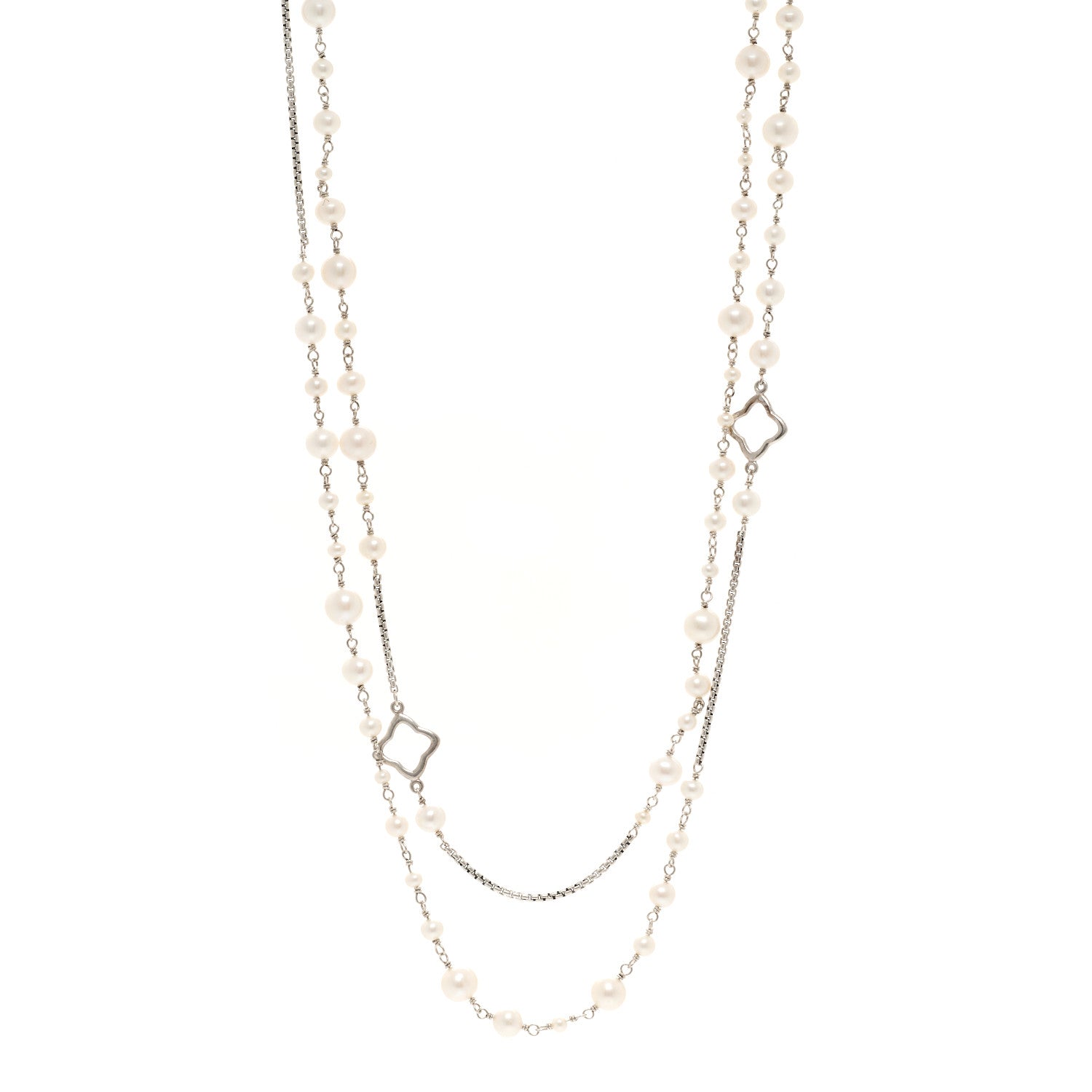 David Yurman Sterling Silver Cultured Pearl Quatrefoil Long Chain Necklace 1 of 4