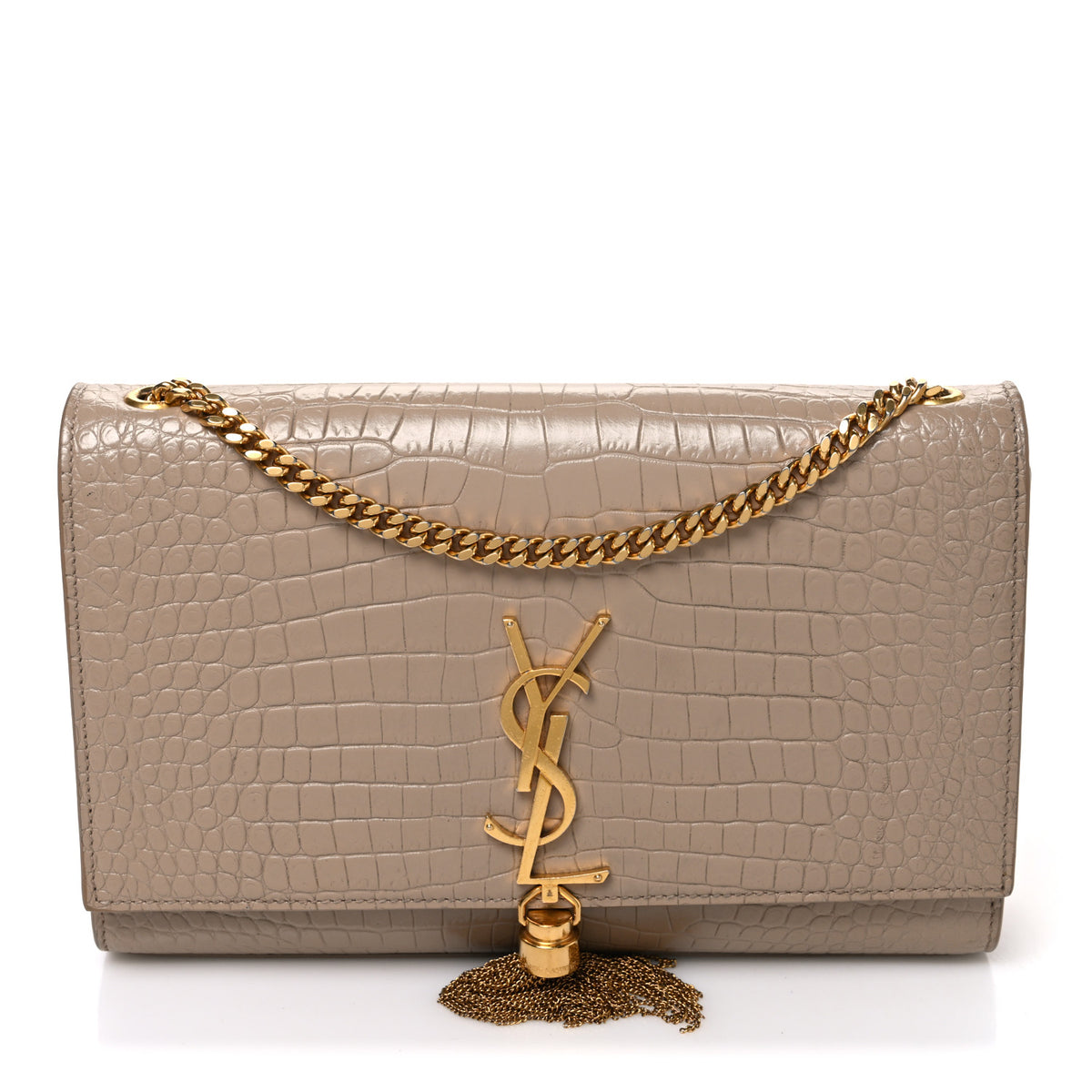 Saint Laurent Calfskin Crocodile Embossed Medium Classic Monogram Kate Tassel Satchel Dark Beige 1 of 11