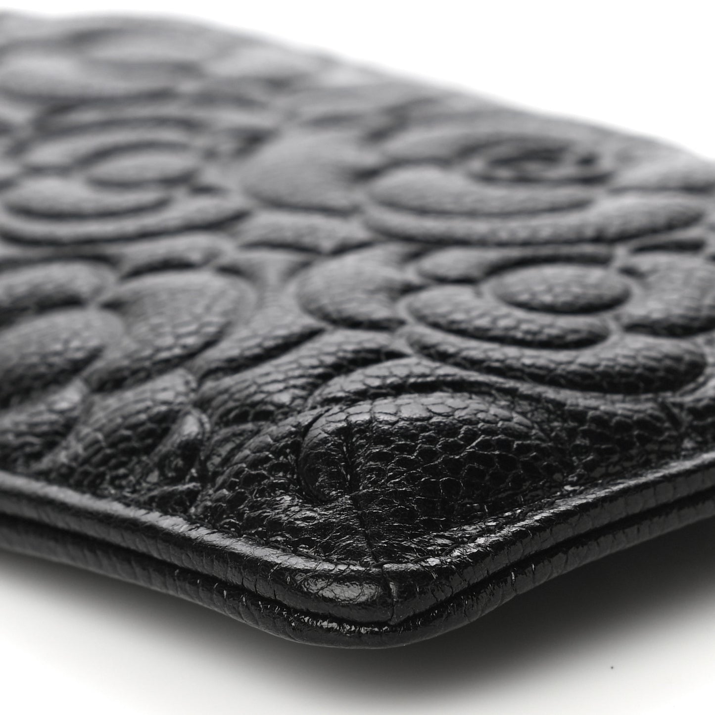 Caviar Camellia Embossed Classic Flat Wallet Pouch Black