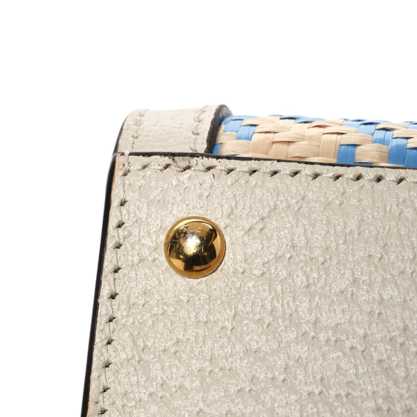 Raffia Textured Dollar Calfskin Web Houndstooth Mini Diana Tote Bag Light Blue Natural Deep Orange