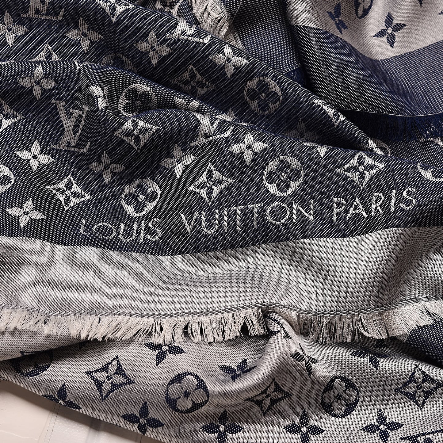 Wool Silk Monogram Denim Shawl Blue