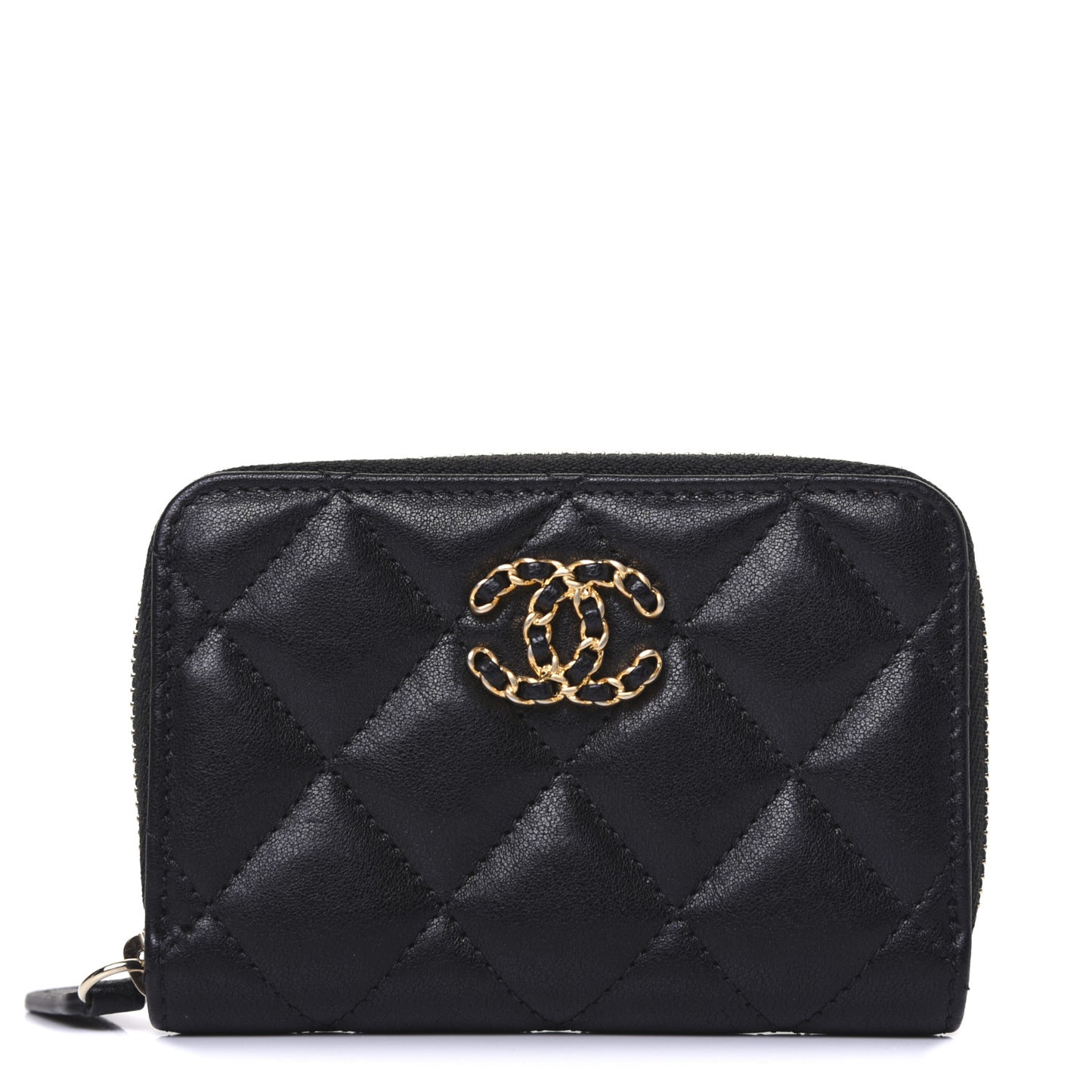 Goatskin Quilted Chanel 19 Zip Around Coin Purse Wallet Black