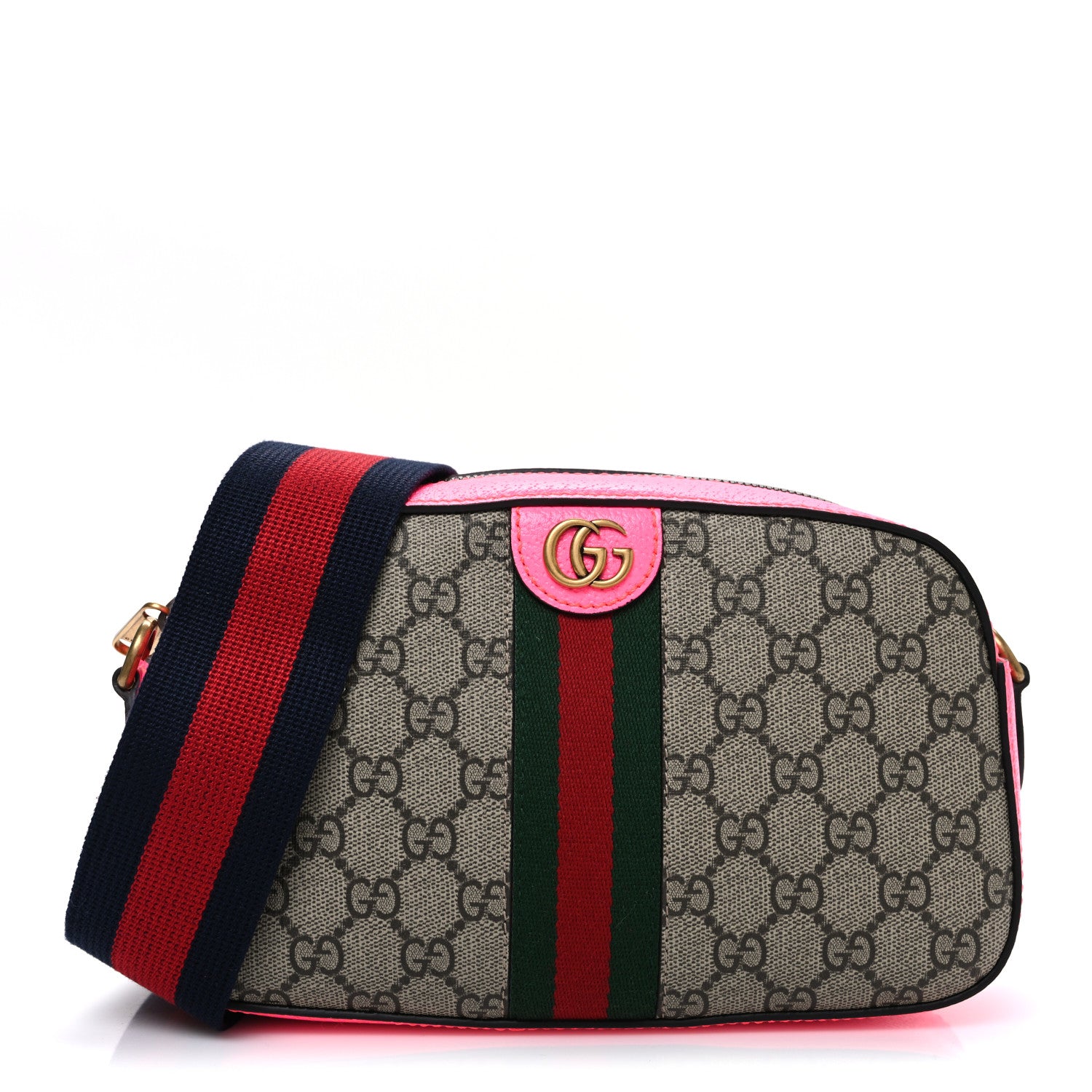 Gucci GG Supreme Monogram Textured Dollar Calfskin Web Ophidia Small Crossbody Bag Beige Ebony Fuchsia 1 of 10