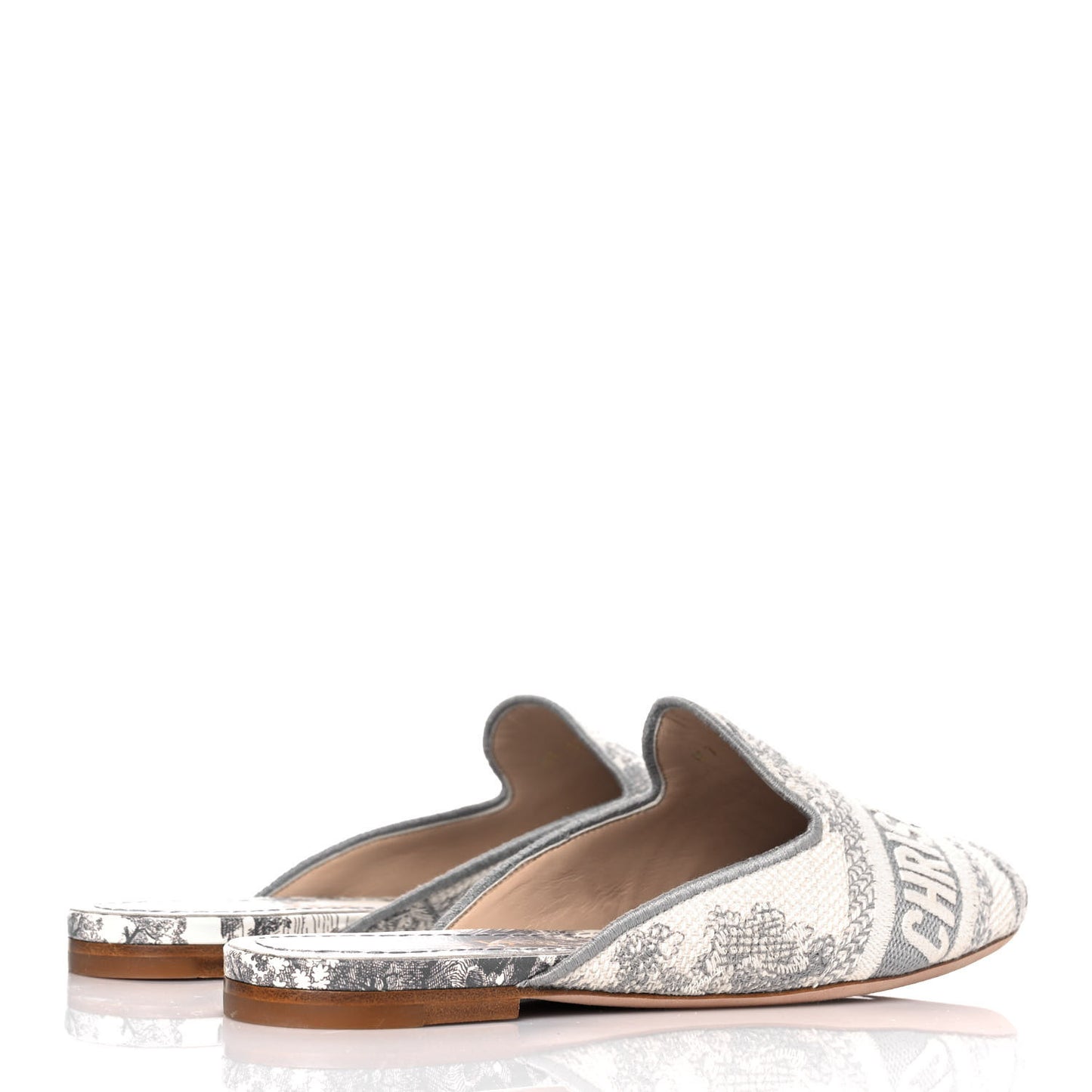 Canvas Embroidered Toile De Jouy Off Flat Mules 35.5 Grey Stone