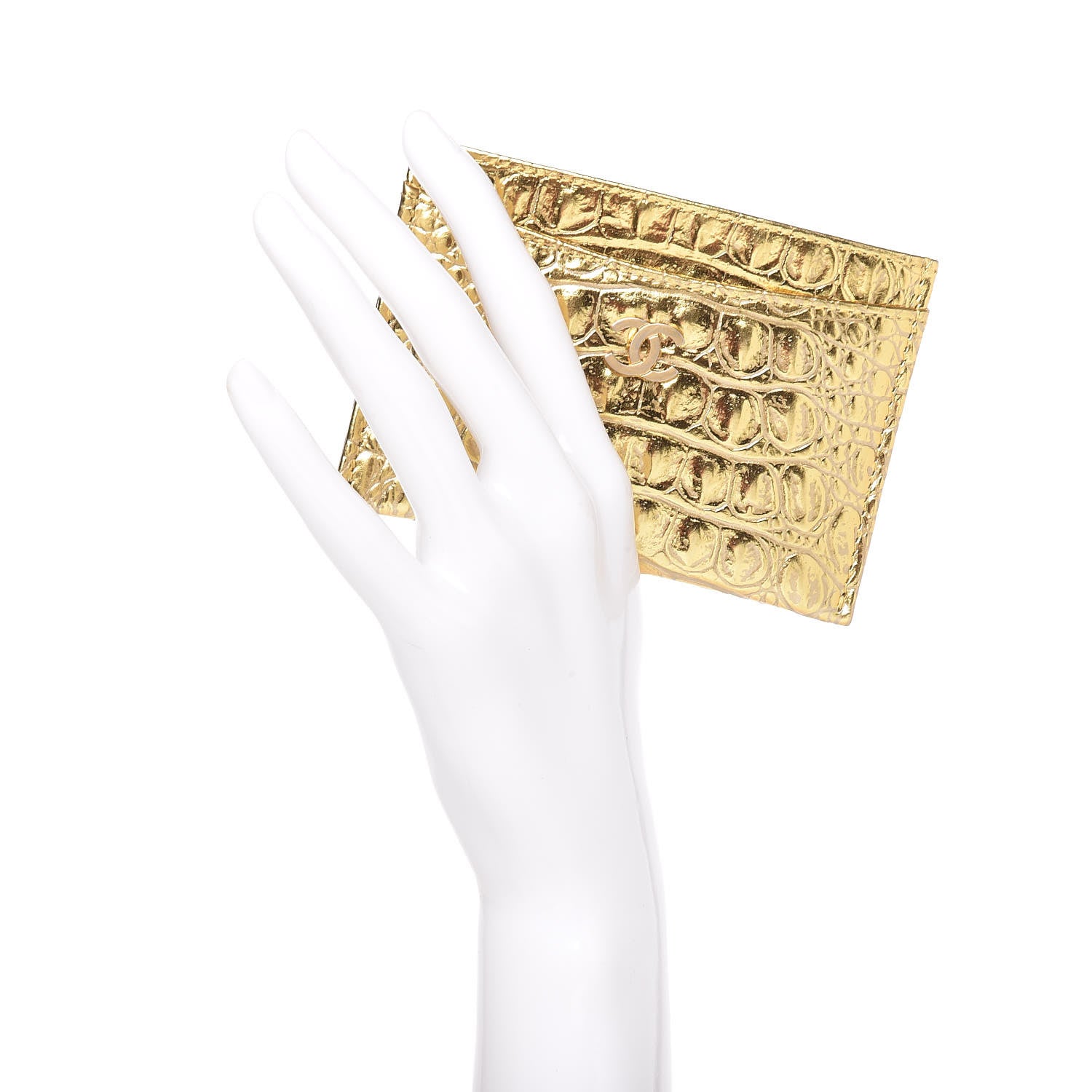 Chanel Metallic Calfskin Crocodile Embossed Cocodile Card Holder Gold 2 of 9