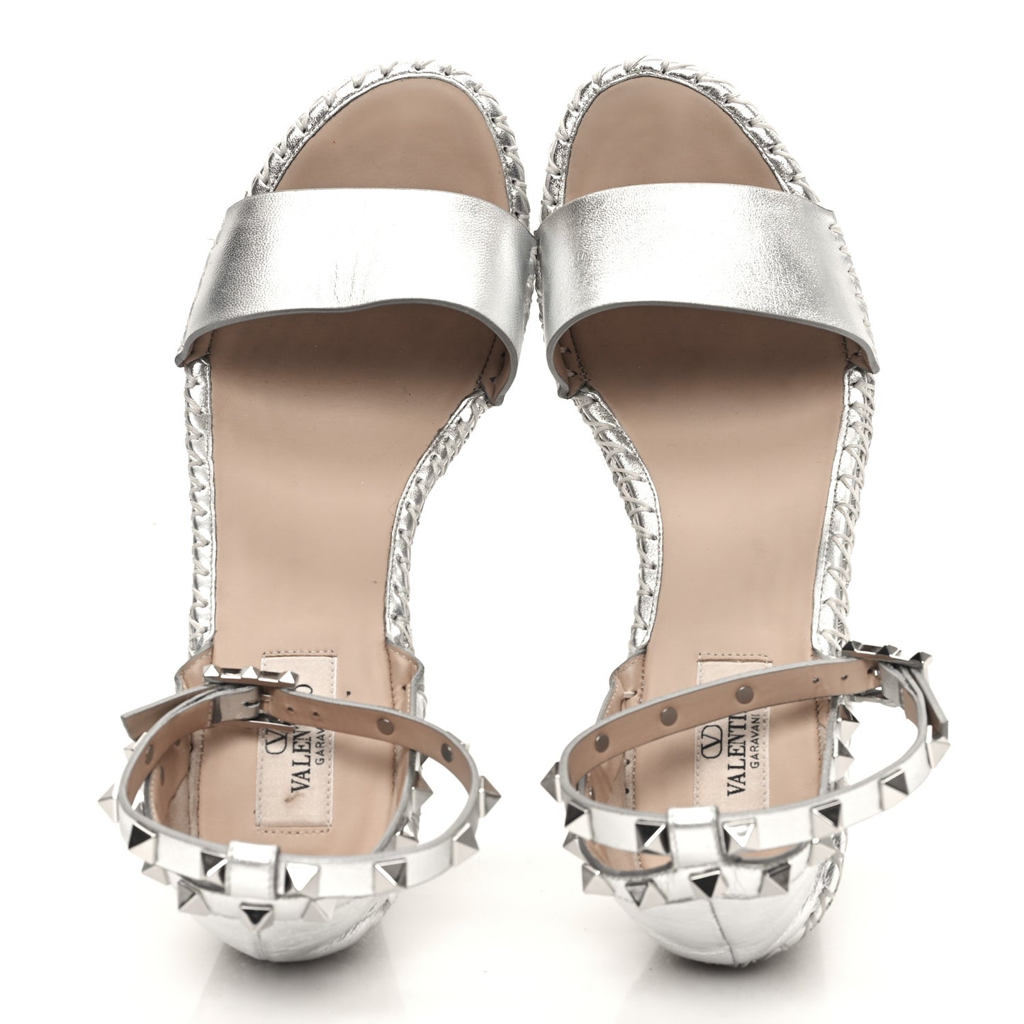 Metallic Grained Calfskin Rockstud Crisscross Ankle Strap Espadrille Wedge Sandals 40 Silver