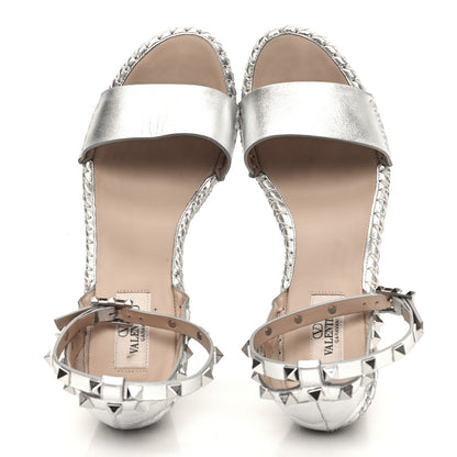 Valentino Garavani Metallic Grained Calfskin Rockstud Crisscross Ankle Strap Espadrille Wedge Sandals 40 Silver 2 of 9