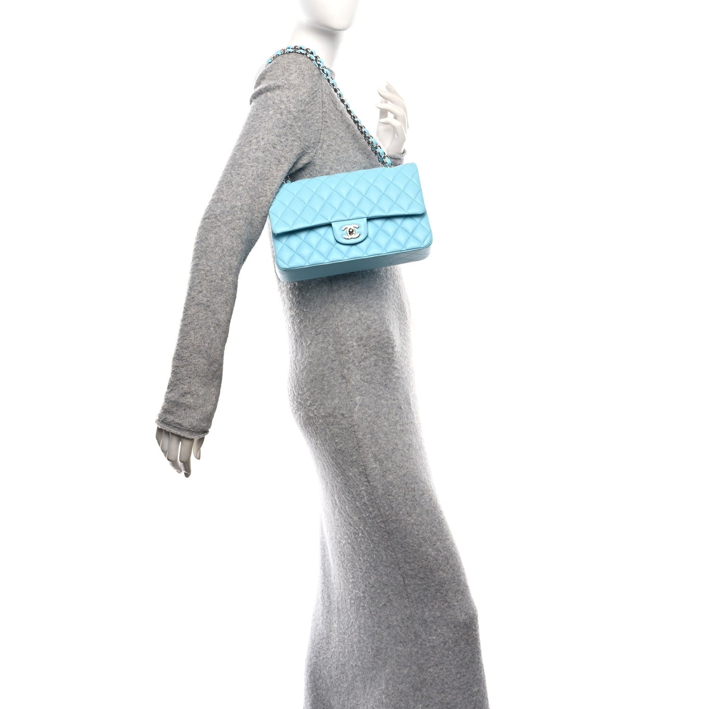 Lambskin Quilted Medium Double Flap Light Blue