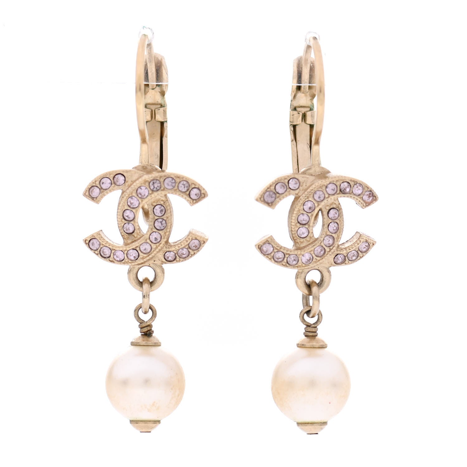 Chanel Crystal Pearl CC Drop Earrings Pink Gold 1 of 3