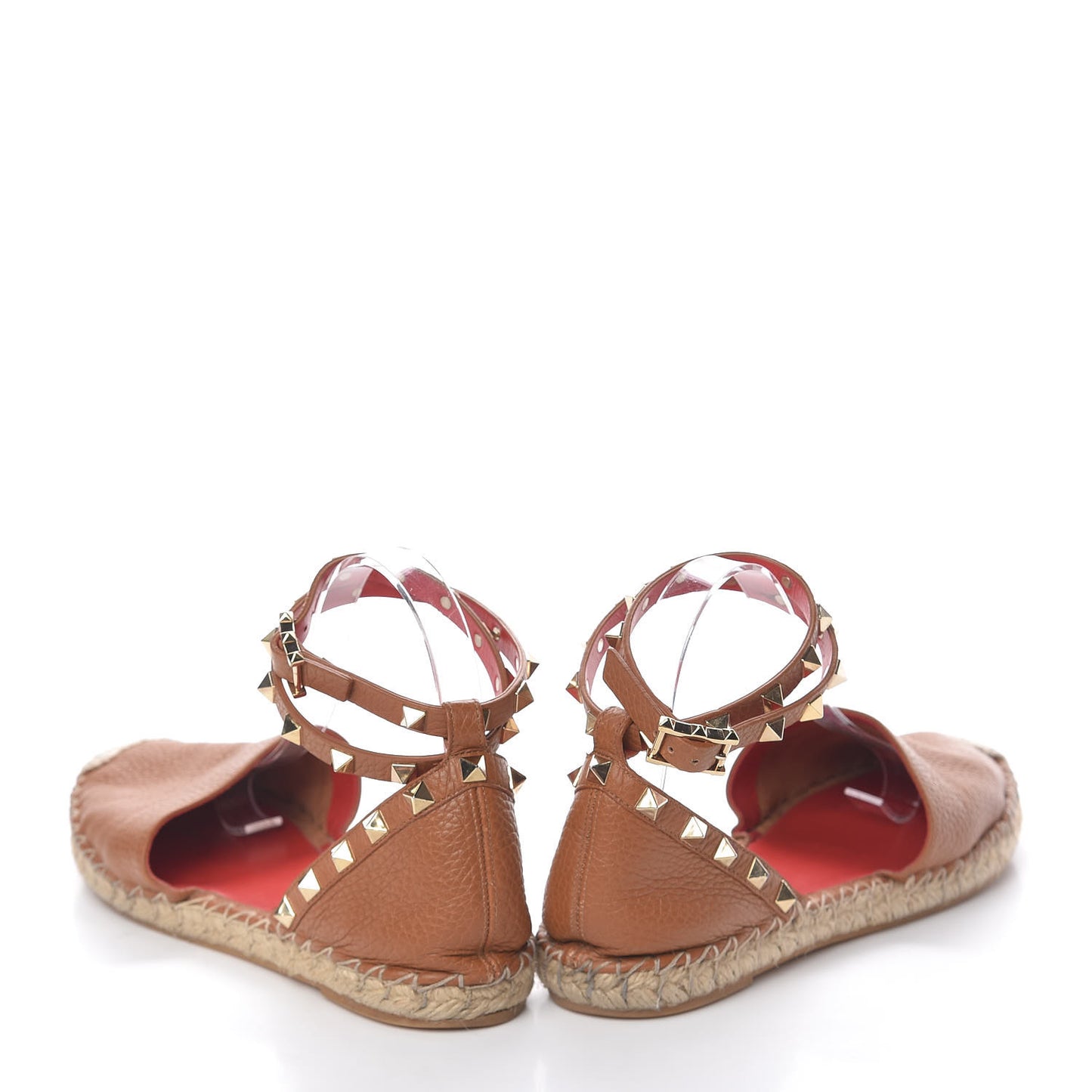 Grained Calfskin Rockstud Ankle Wrap Espadrille Flats 38 Cognac