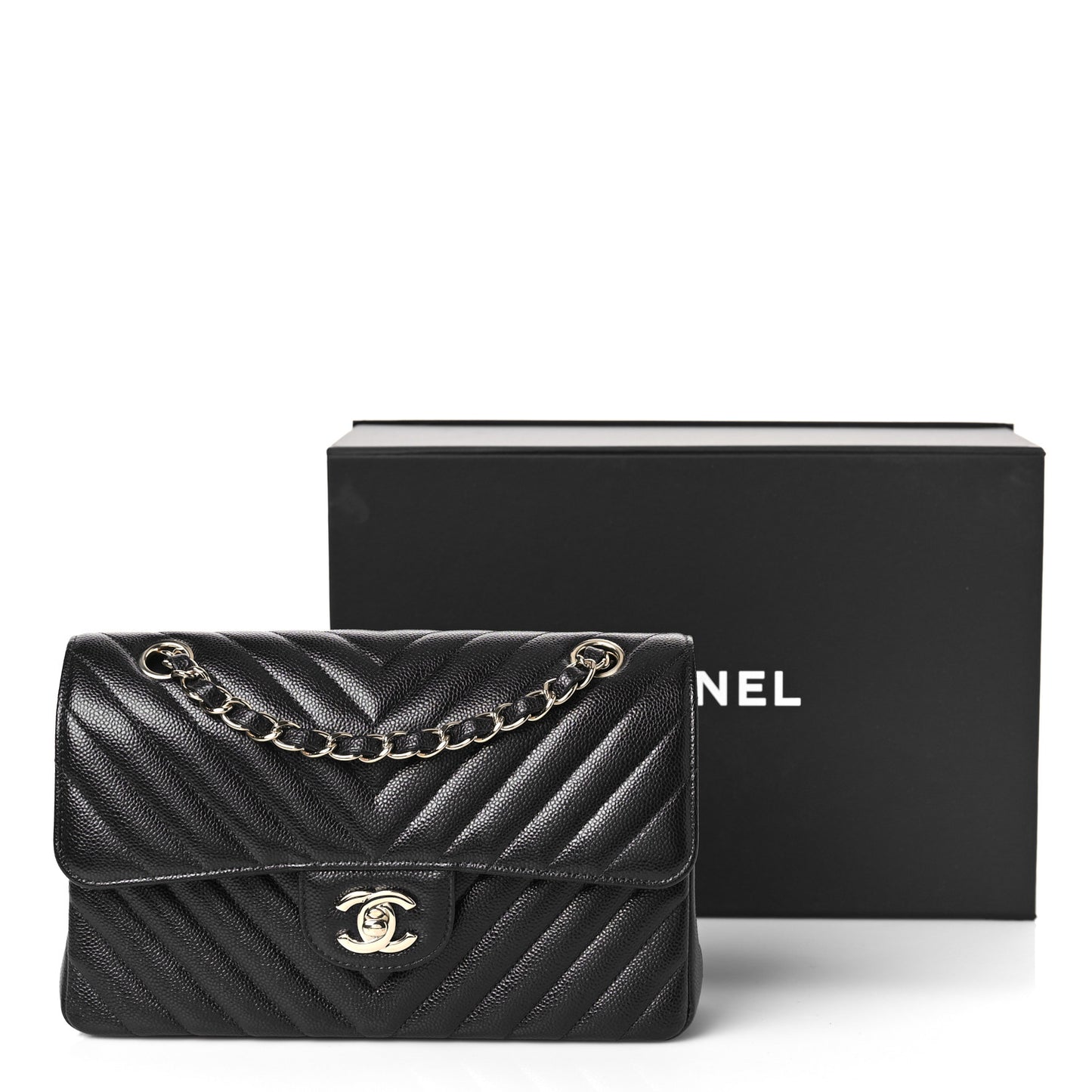Caviar Chevron Quilted Small Double Flap Navy Blue