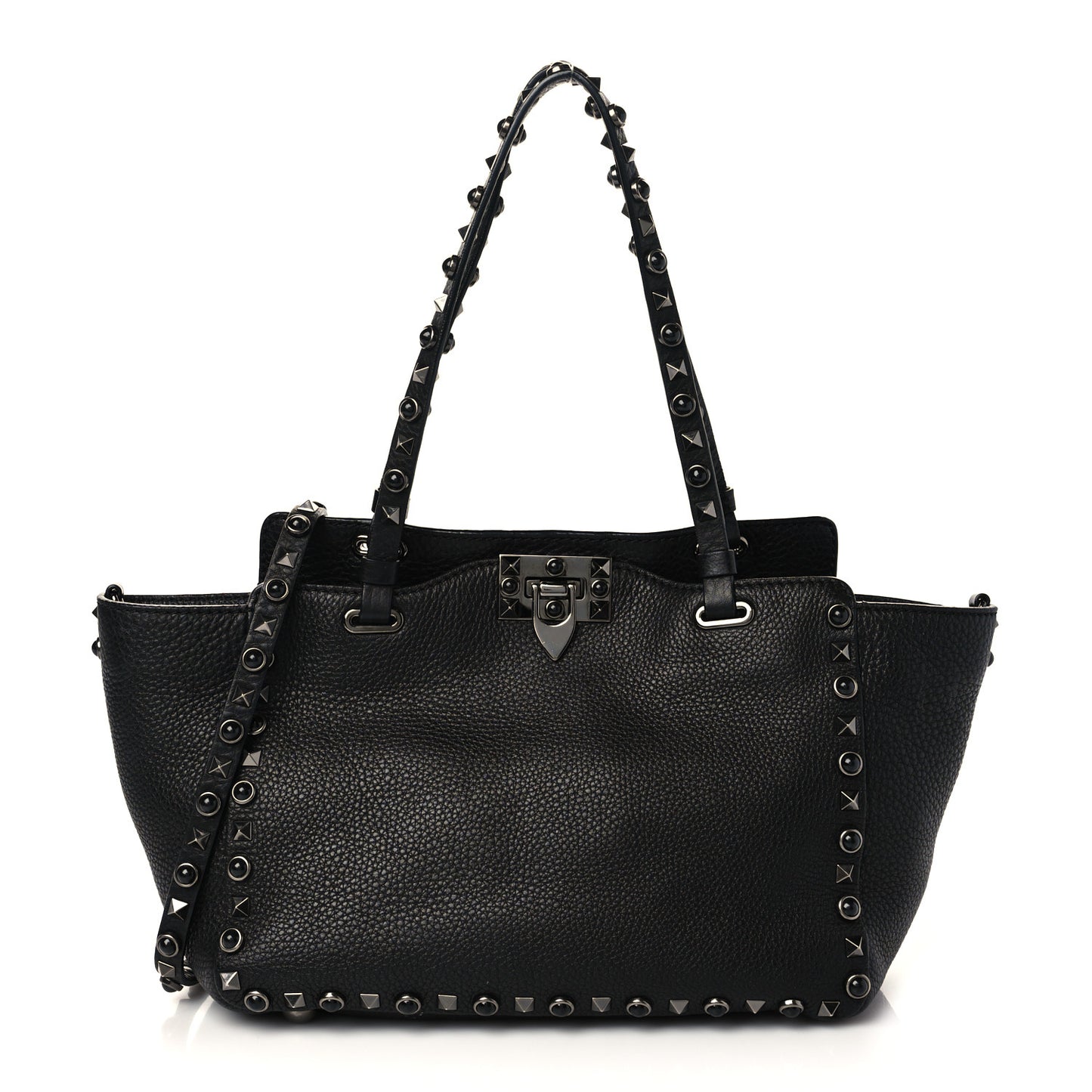 Grained Calfskin Onyx Small Rockstud Rolling Tote Black
