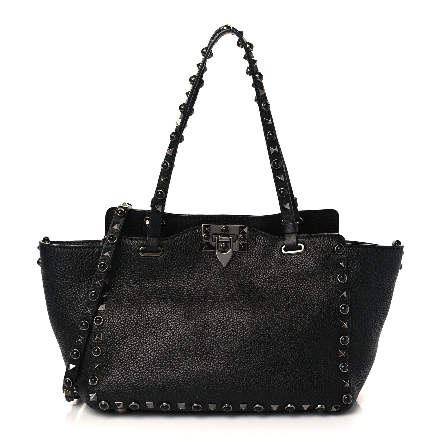 Valentino Garavani Grained Calfskin Onyx Small Rockstud Rolling Tote Black 1 of 5