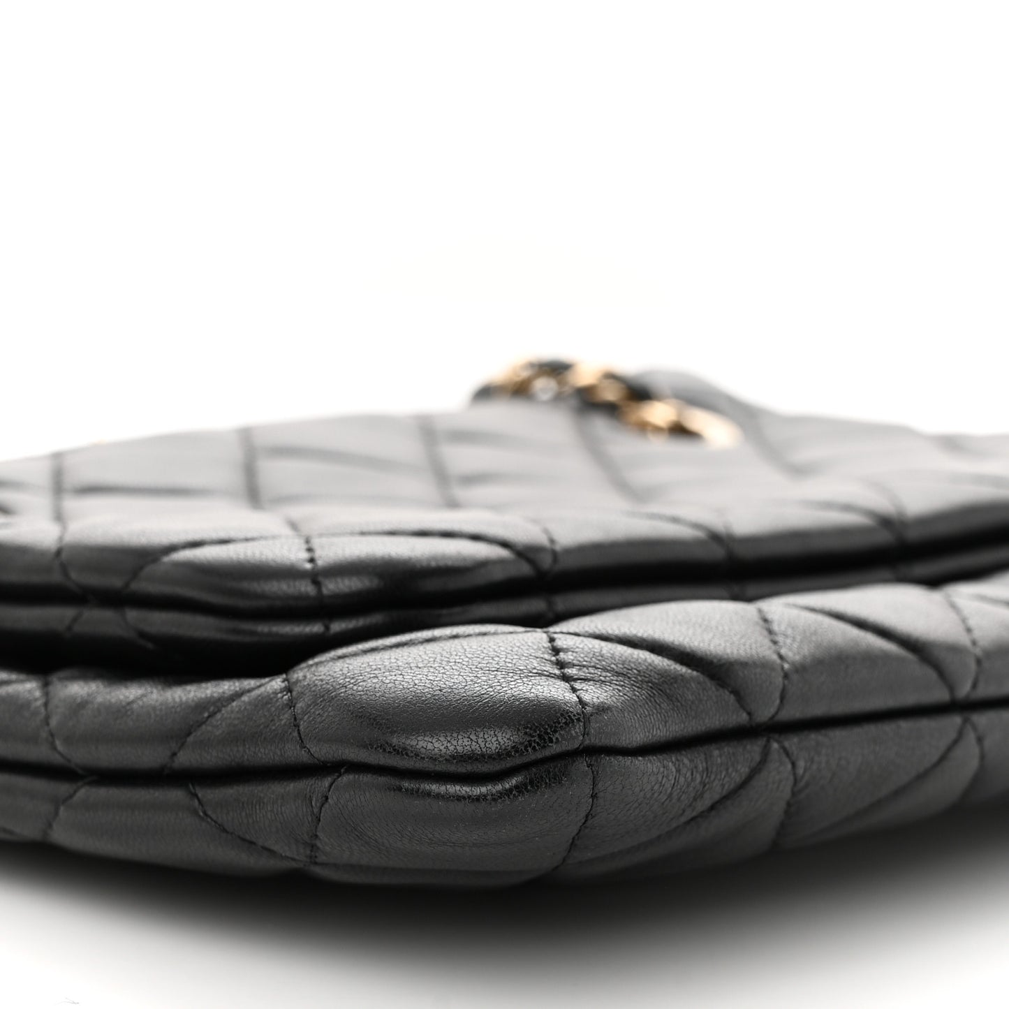Shiny Lambskin Quilted Medium Double Case With Strap Black