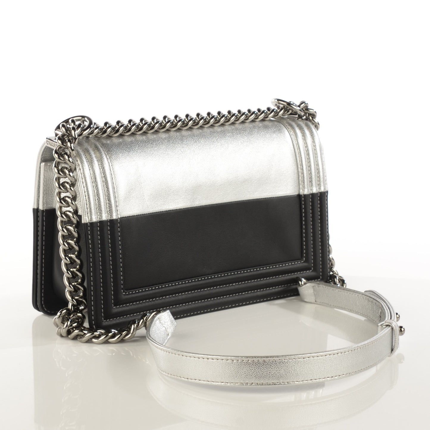 Metallic Goatskin Calfskin Medium Boy Flap Silver Black